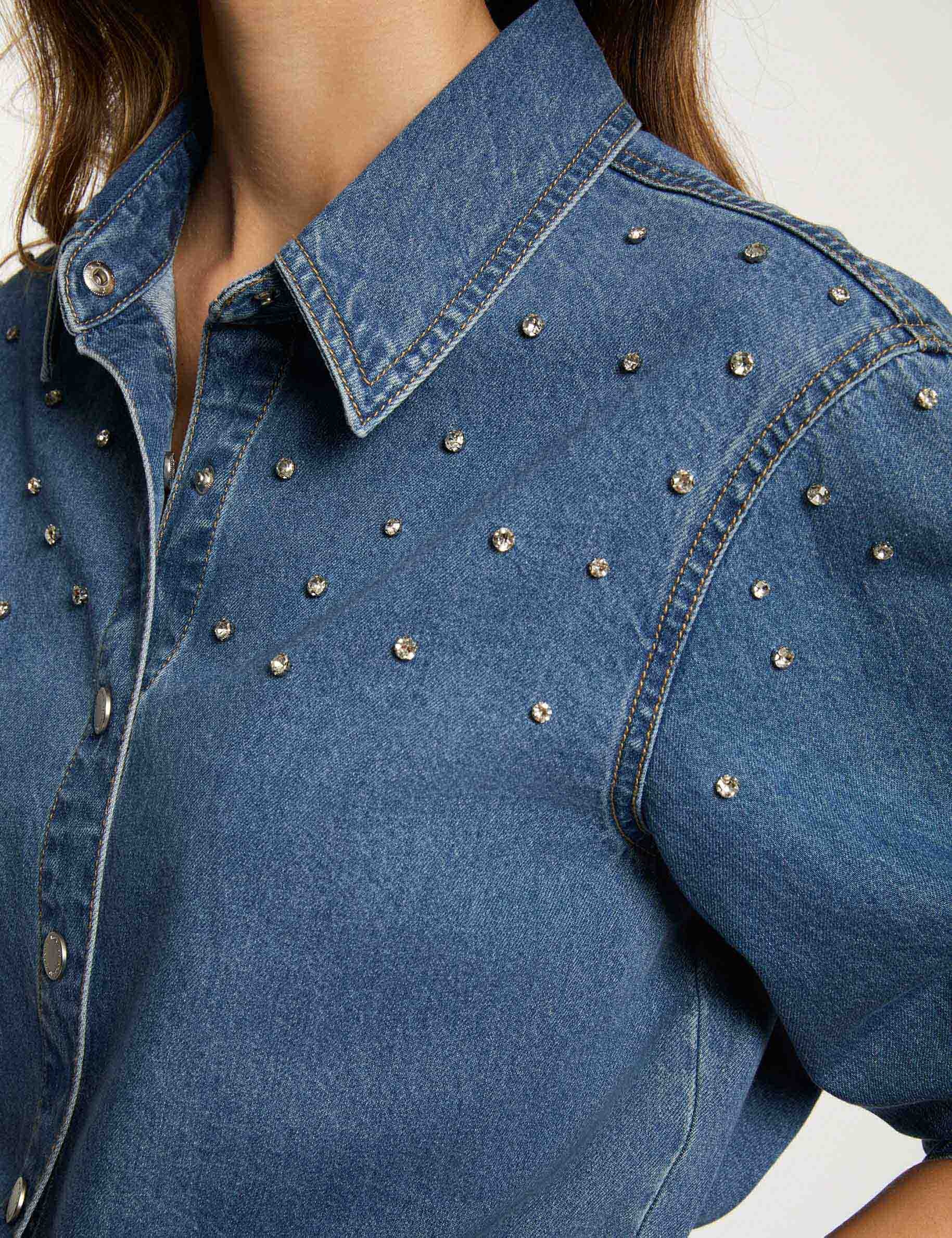 korte blouse met steentjes stone washed denim vrouw Korte blouse met steentjes stone washed denim vrouw