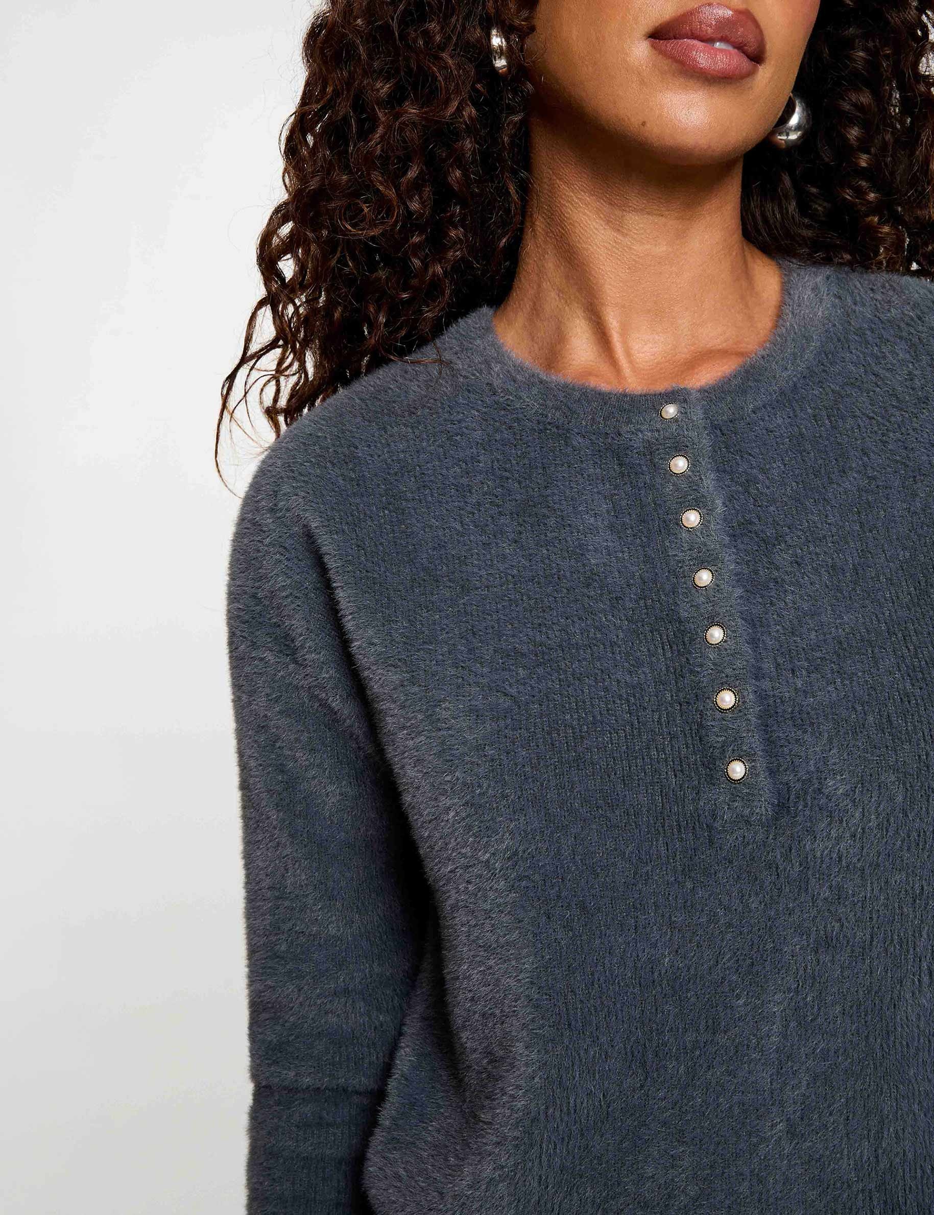Pull col rond &agrave; boutons denim gris fonce femme