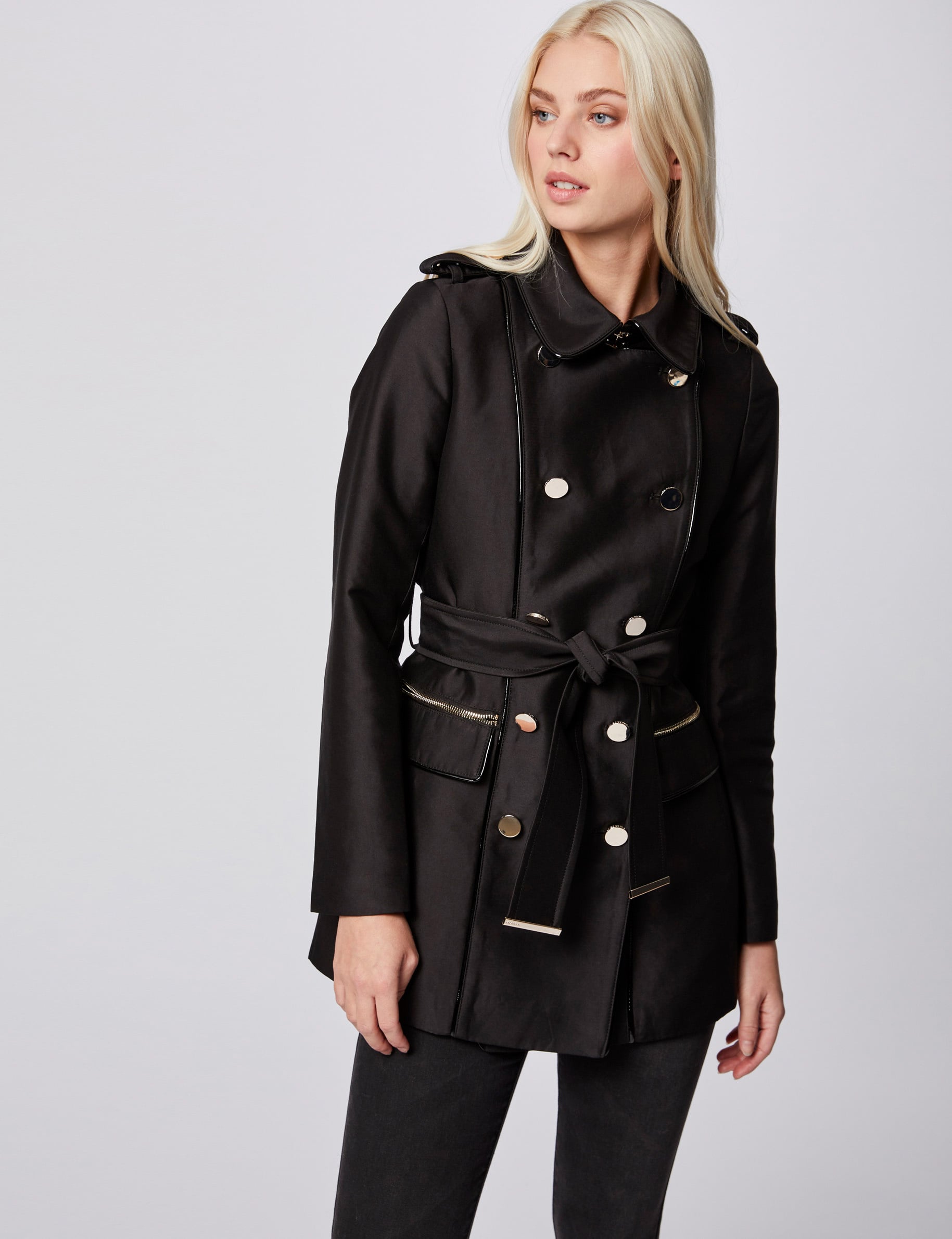 Trench droit ceintur&eacute; noir femme