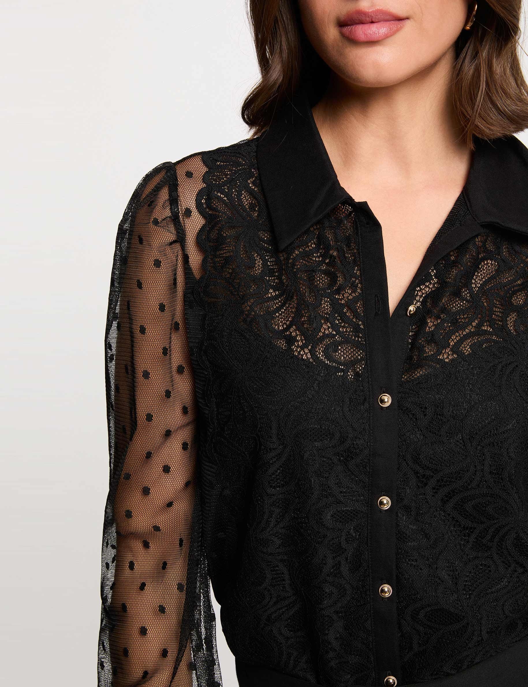 T-shirt met lange mouwen en kant zwart vrouw