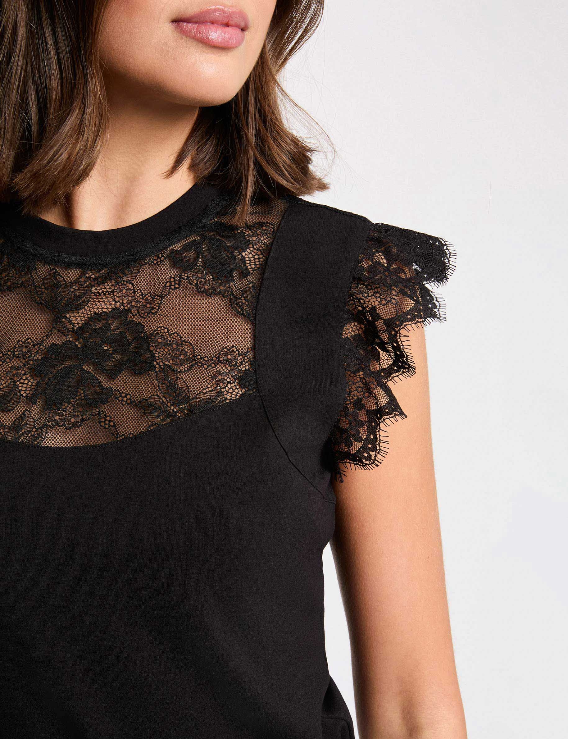 T-shirt met kanten hoge kraag zwart vrouw