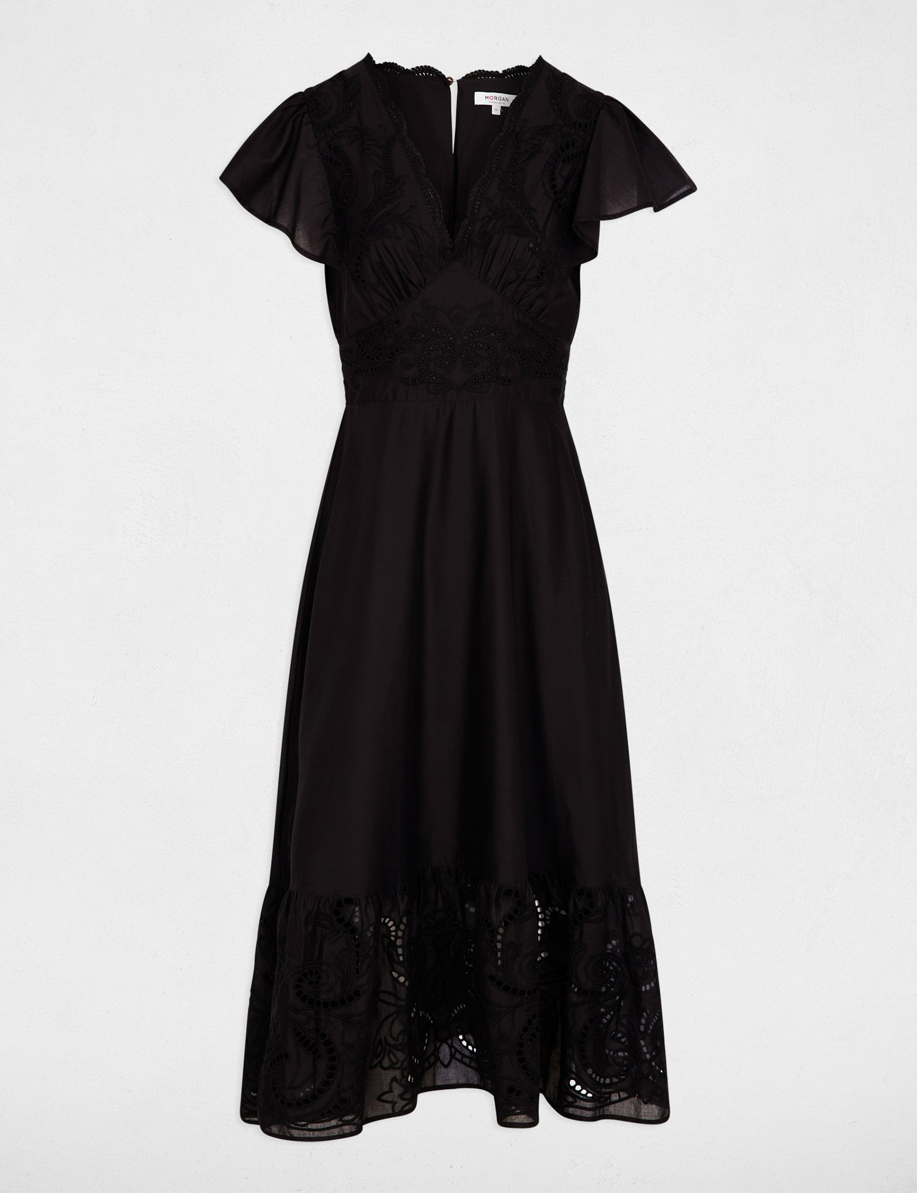 Robe longue broderie noir femme