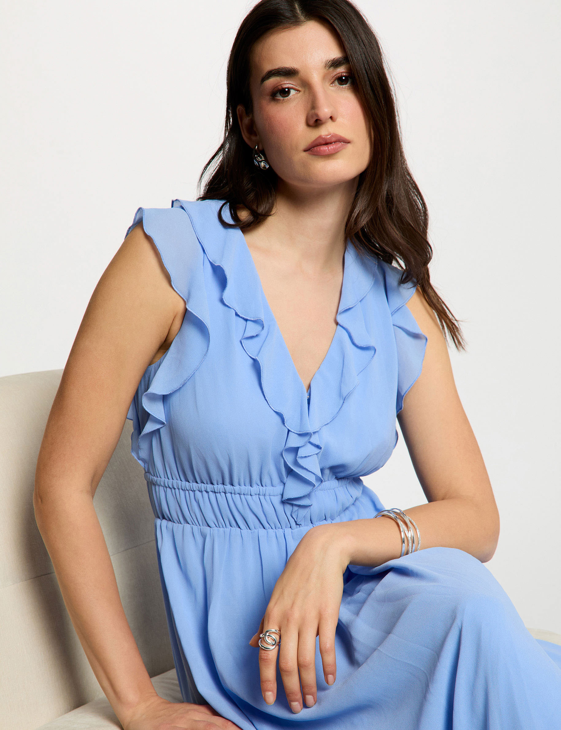 Robe longue col v bleu lavande femme