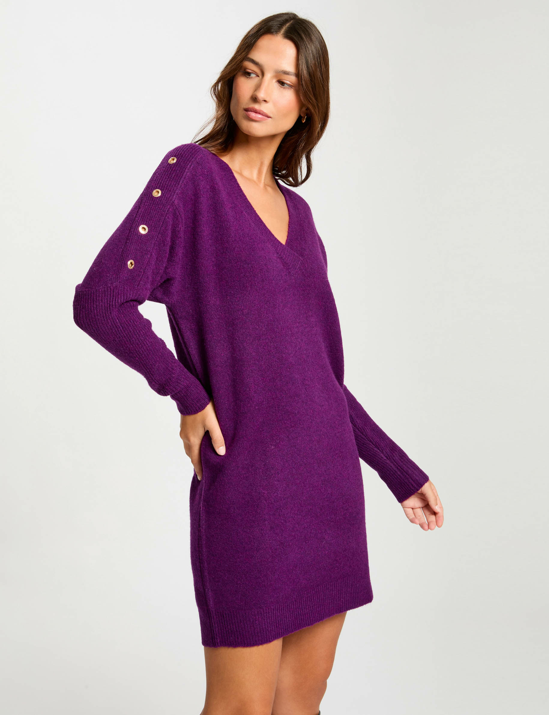robe tricot droite a oeillets violet femme Robe tricot droite à oeillets violet femme