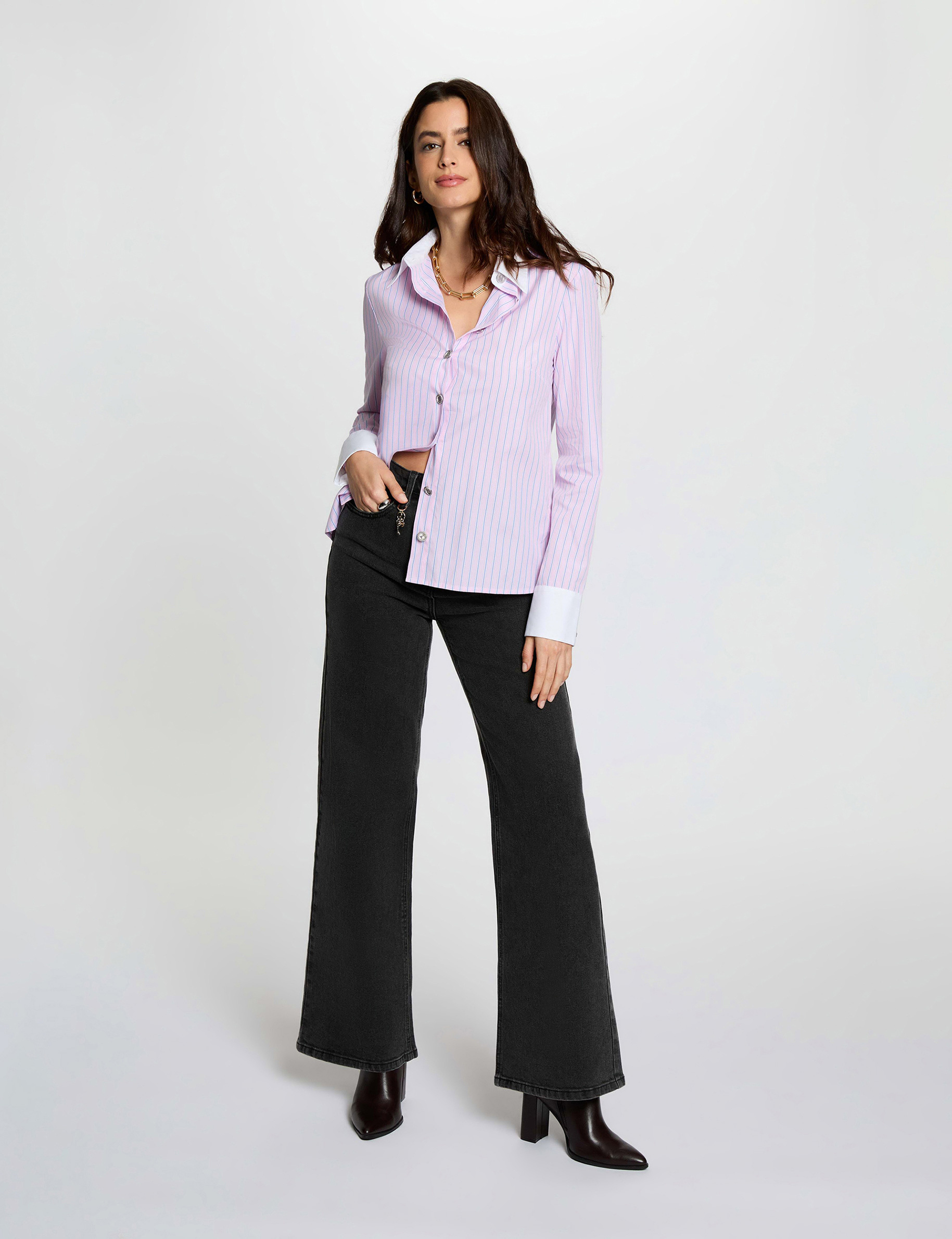 High-waist wijde broek denim zwart vrouw