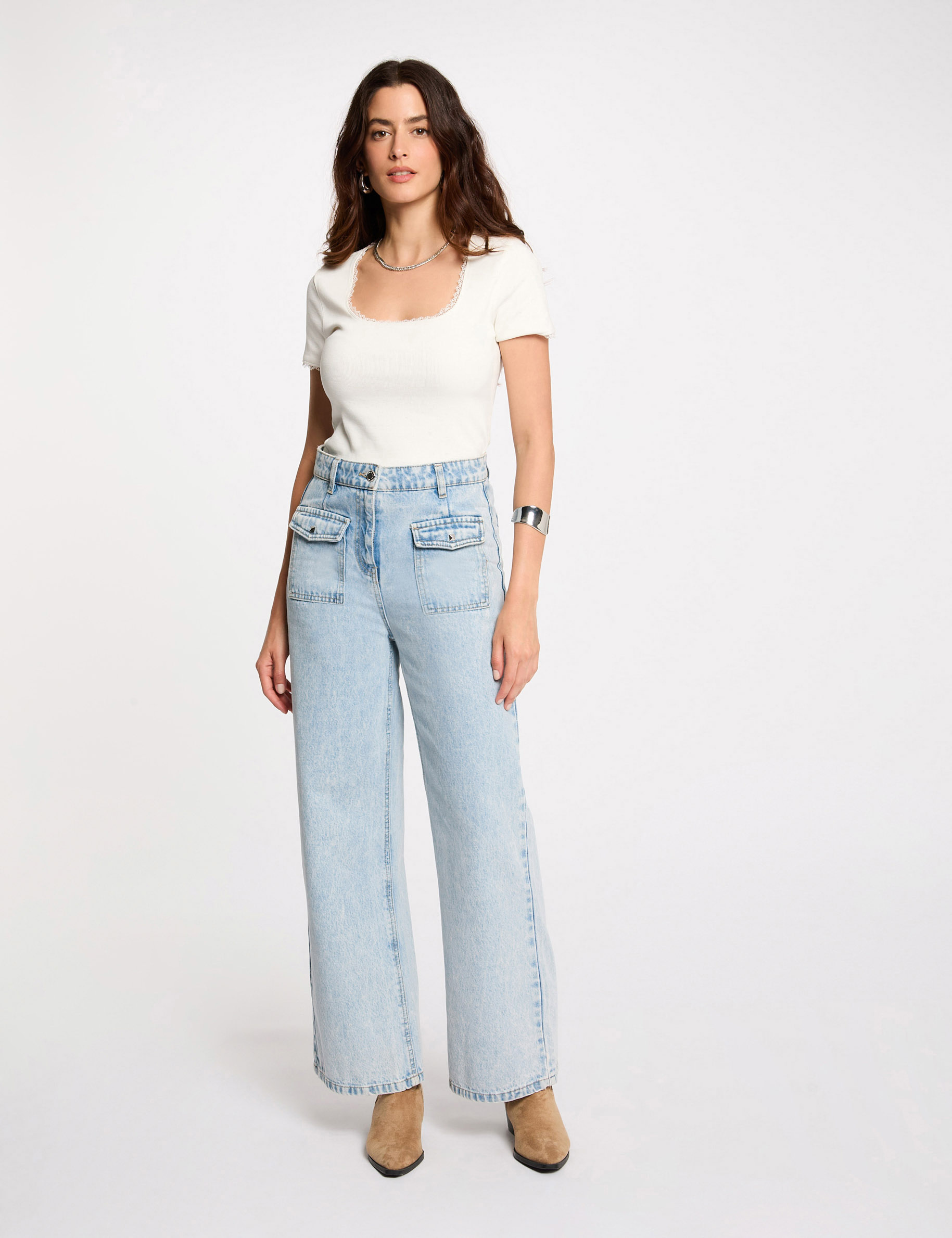 t shirt korte geribbelde mouwen ivoor vrouw T-shirt korte geribbelde mouwen ivoor vrouw