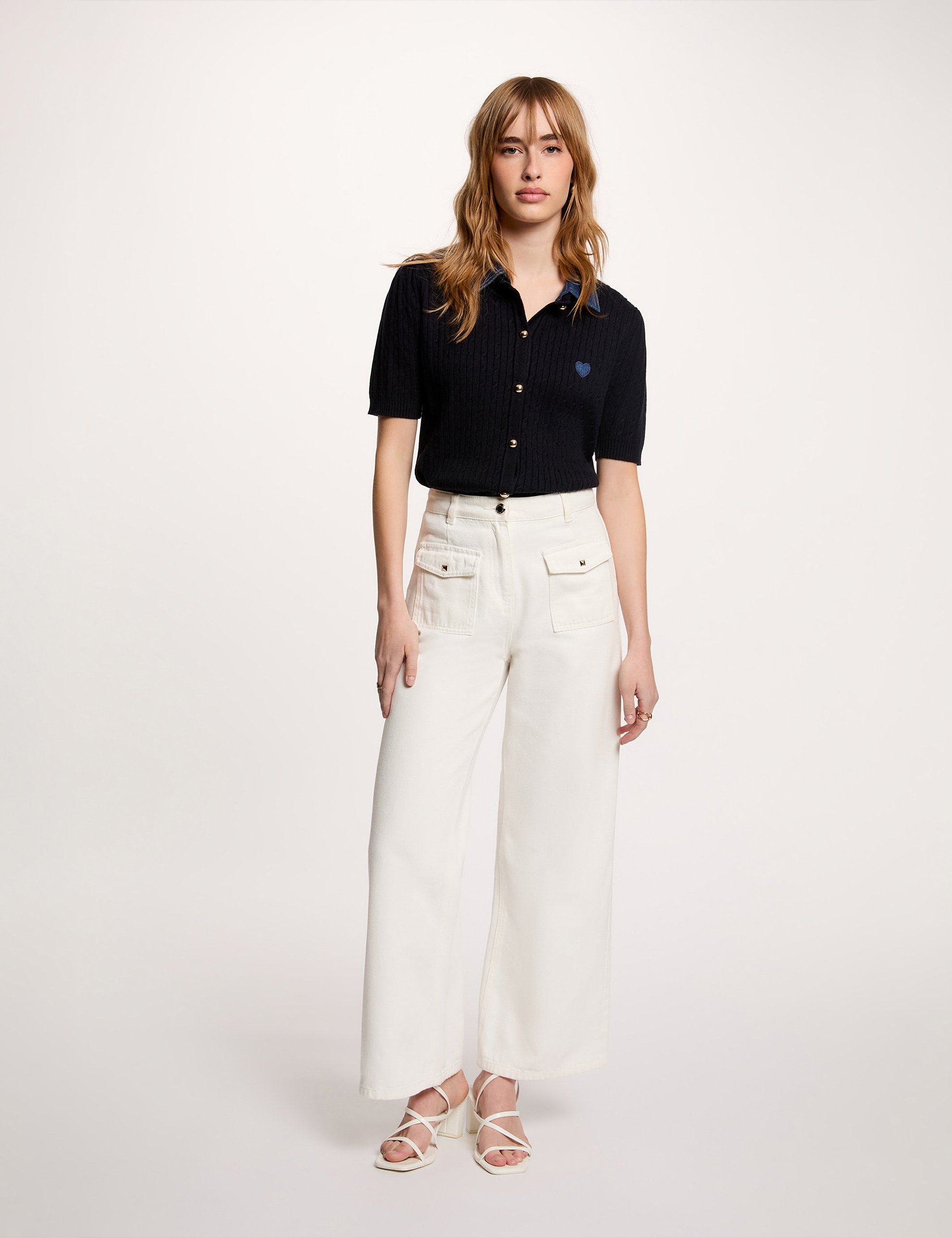 Trui met omgeslagen kraag marineblauw vrouw