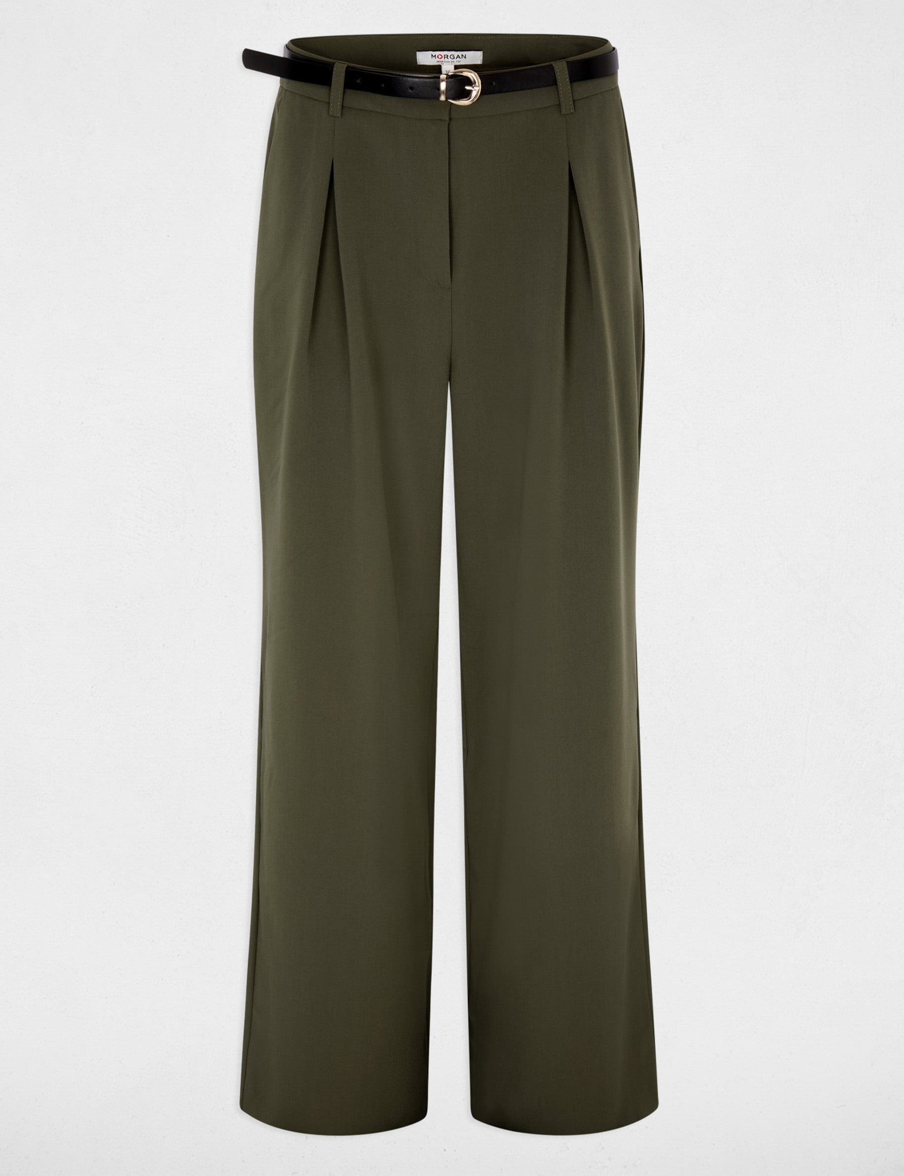 Pantalon large taille haute vert kaki femme