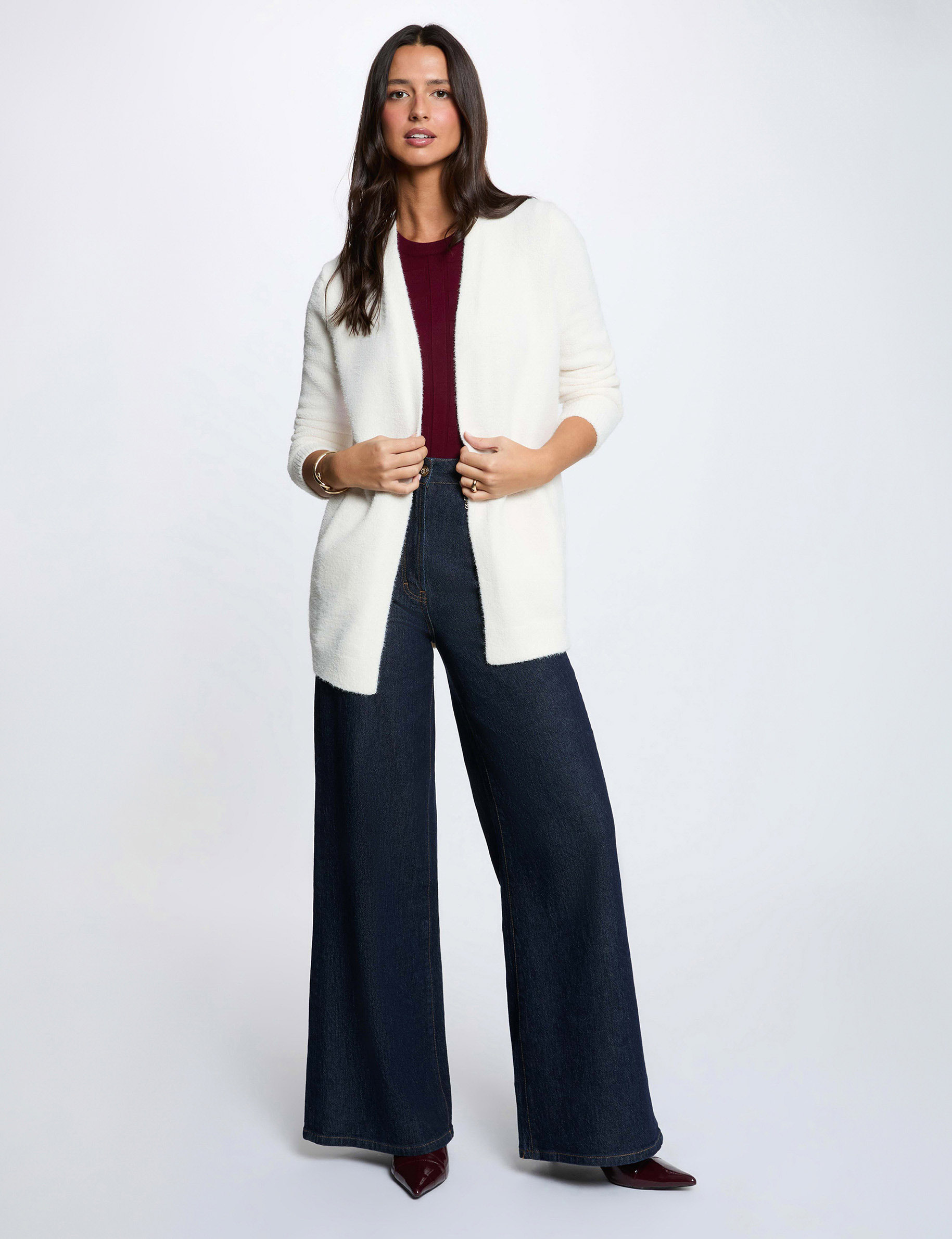 Gilet long col v ivoire femme
