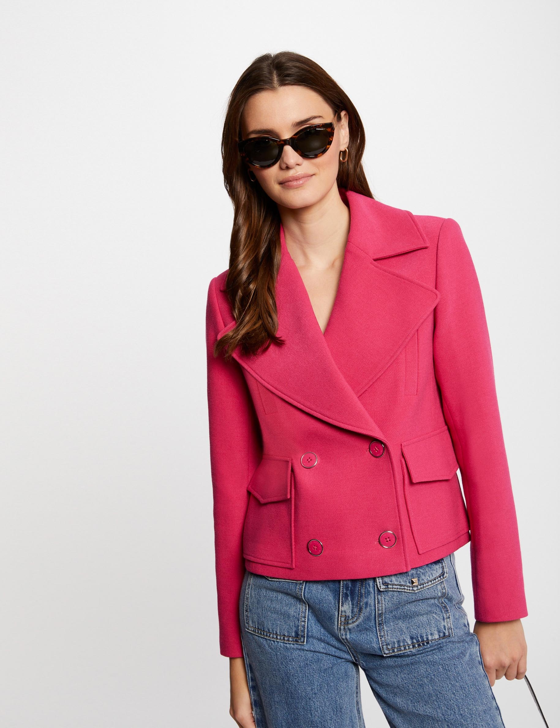 Manteau court boutonné rose moyen femme