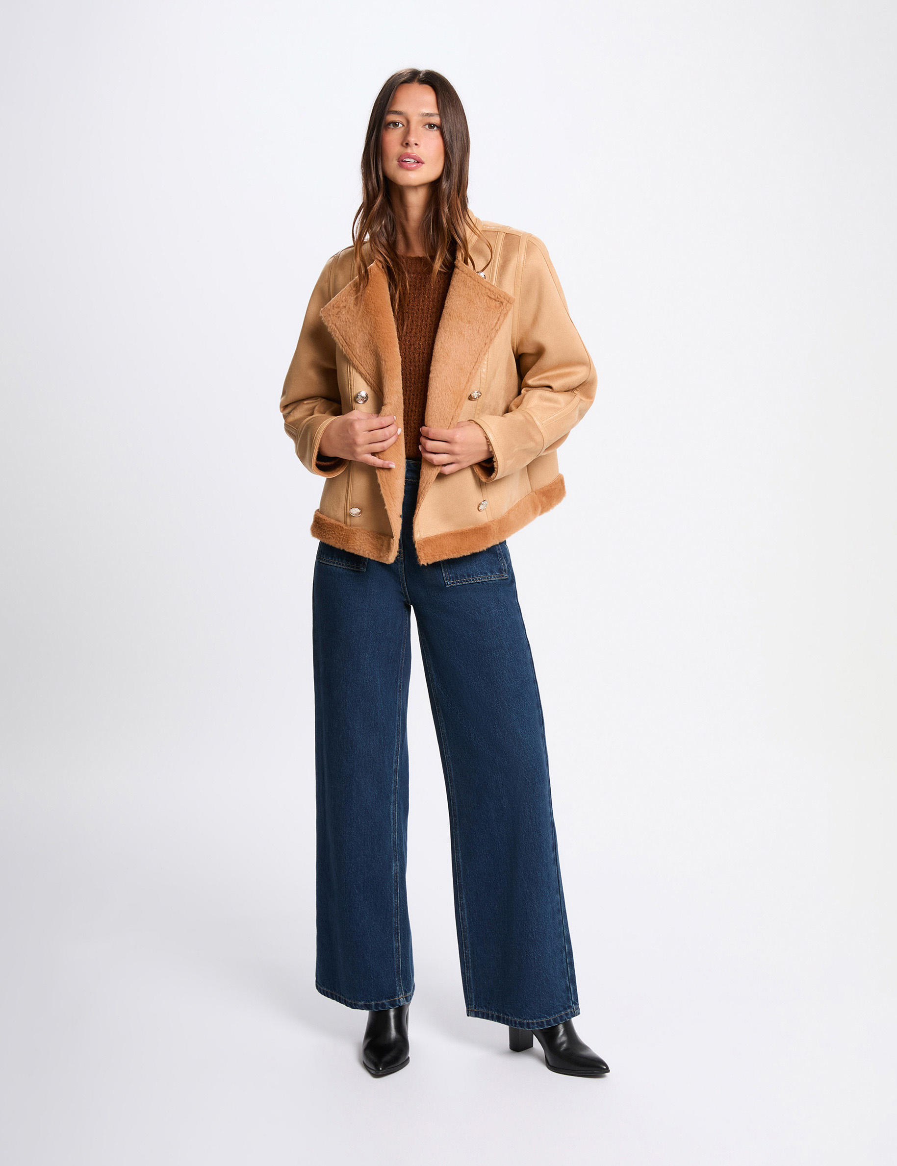 Veste courte peau lainée marron cognac femme