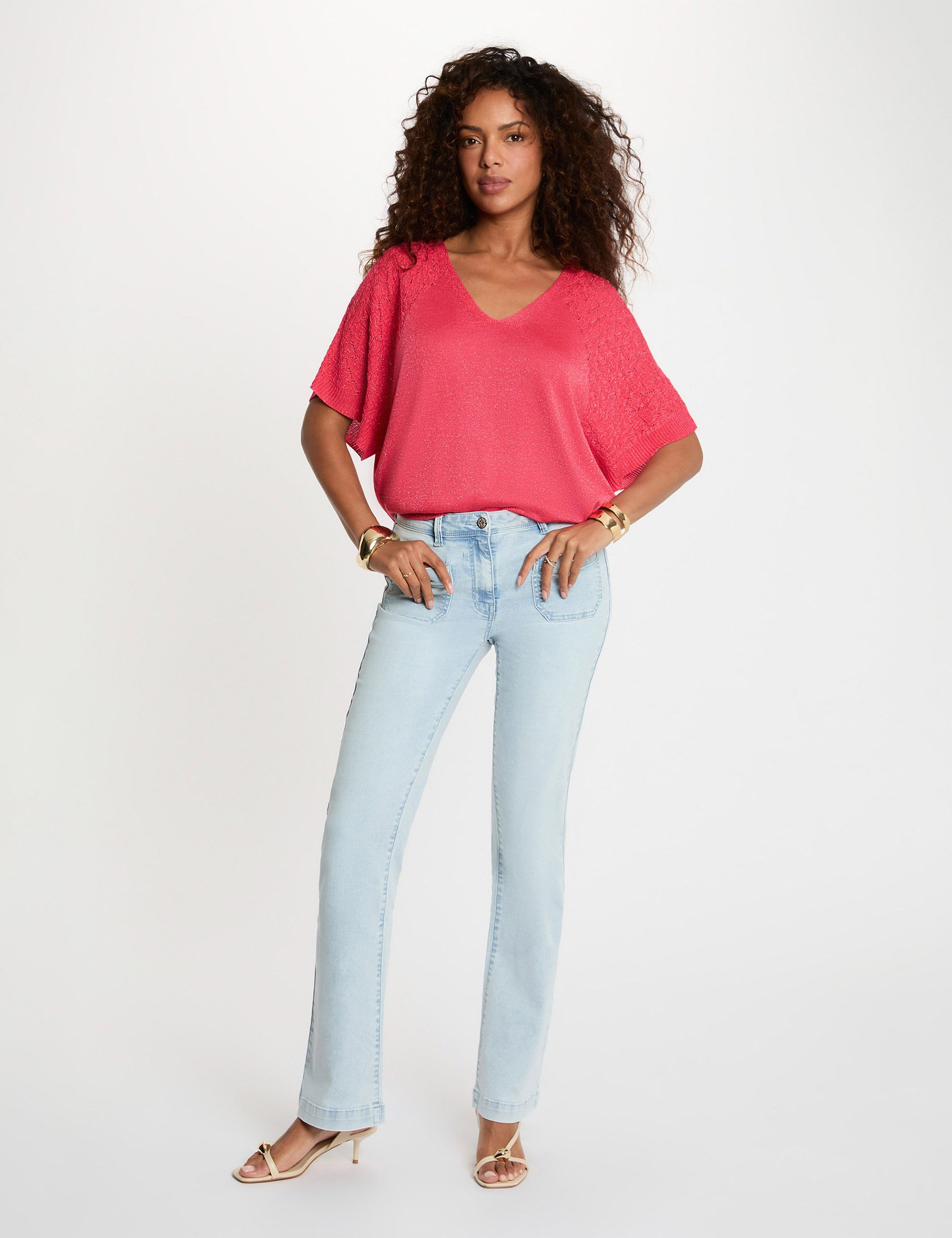 Pull oversize col v rouge corail femme