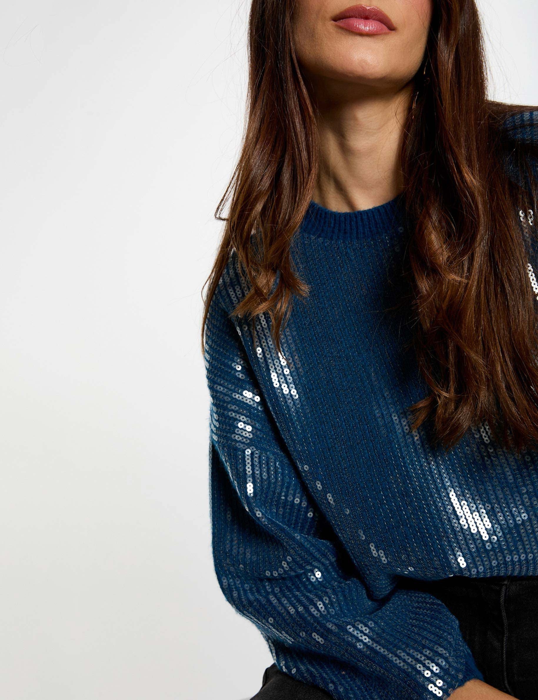 Pull sequins col rond bleu pétrole femme
