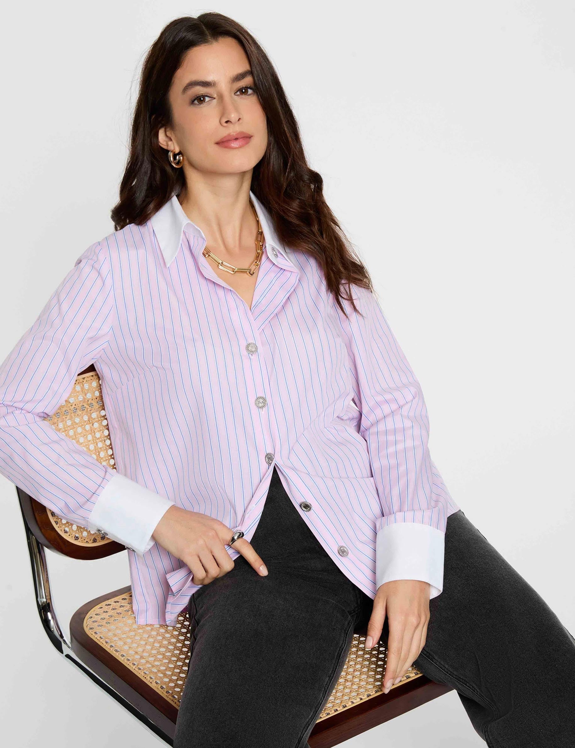 Chemise manches longues ray&eacute;e rose femme