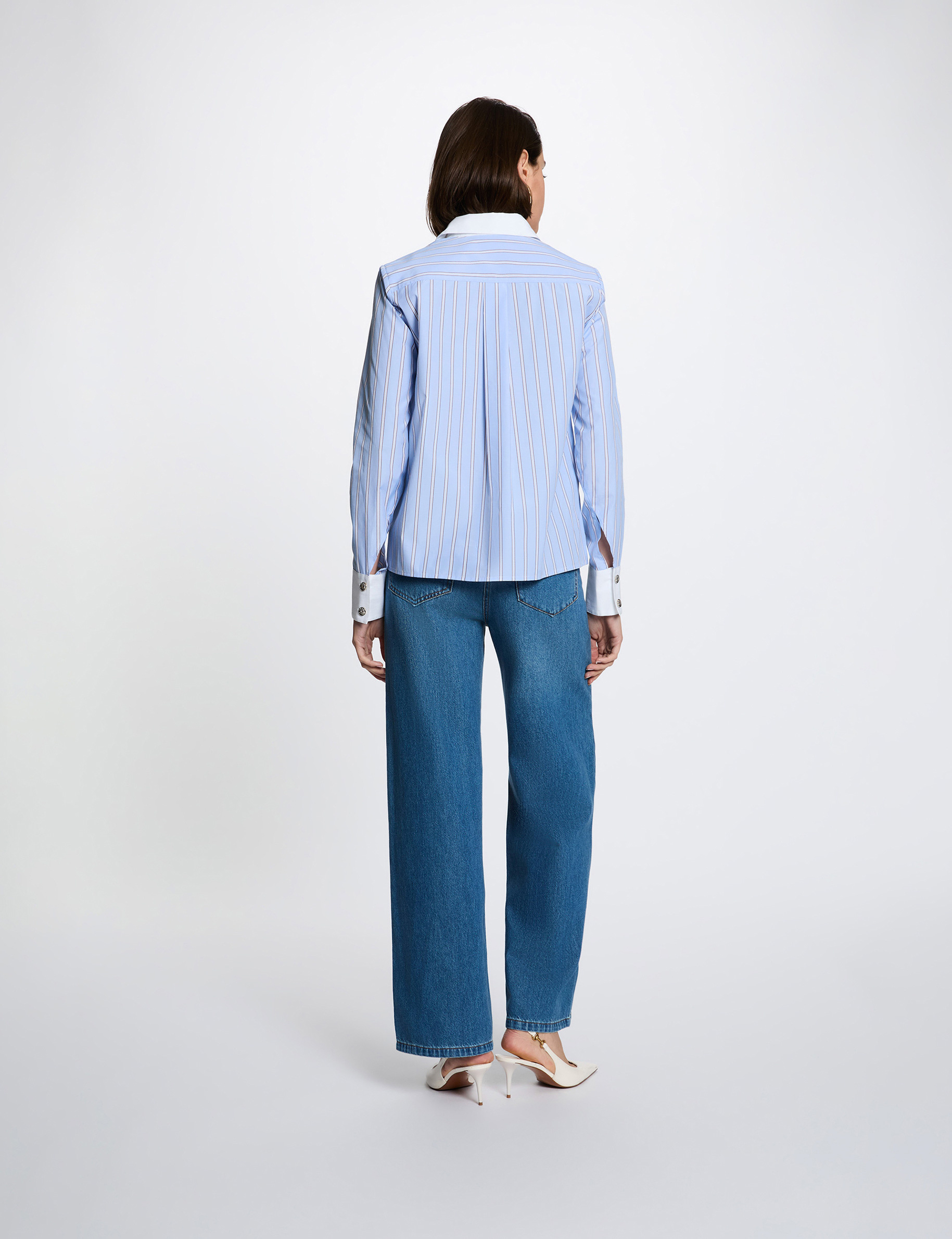 Chemise ray&eacute;e col contrastant bleu ciel femme