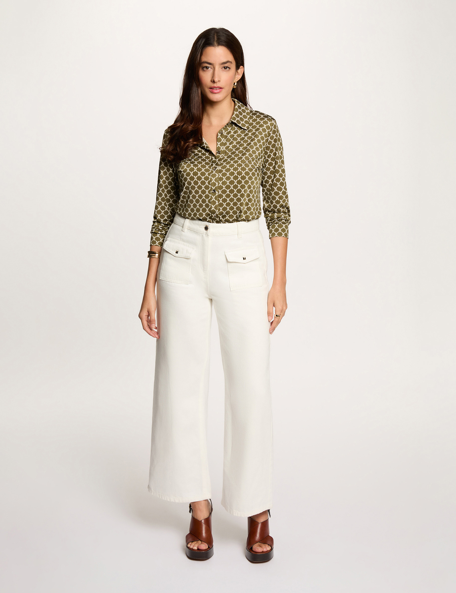 Chemise col &agrave; revers vert kaki femme