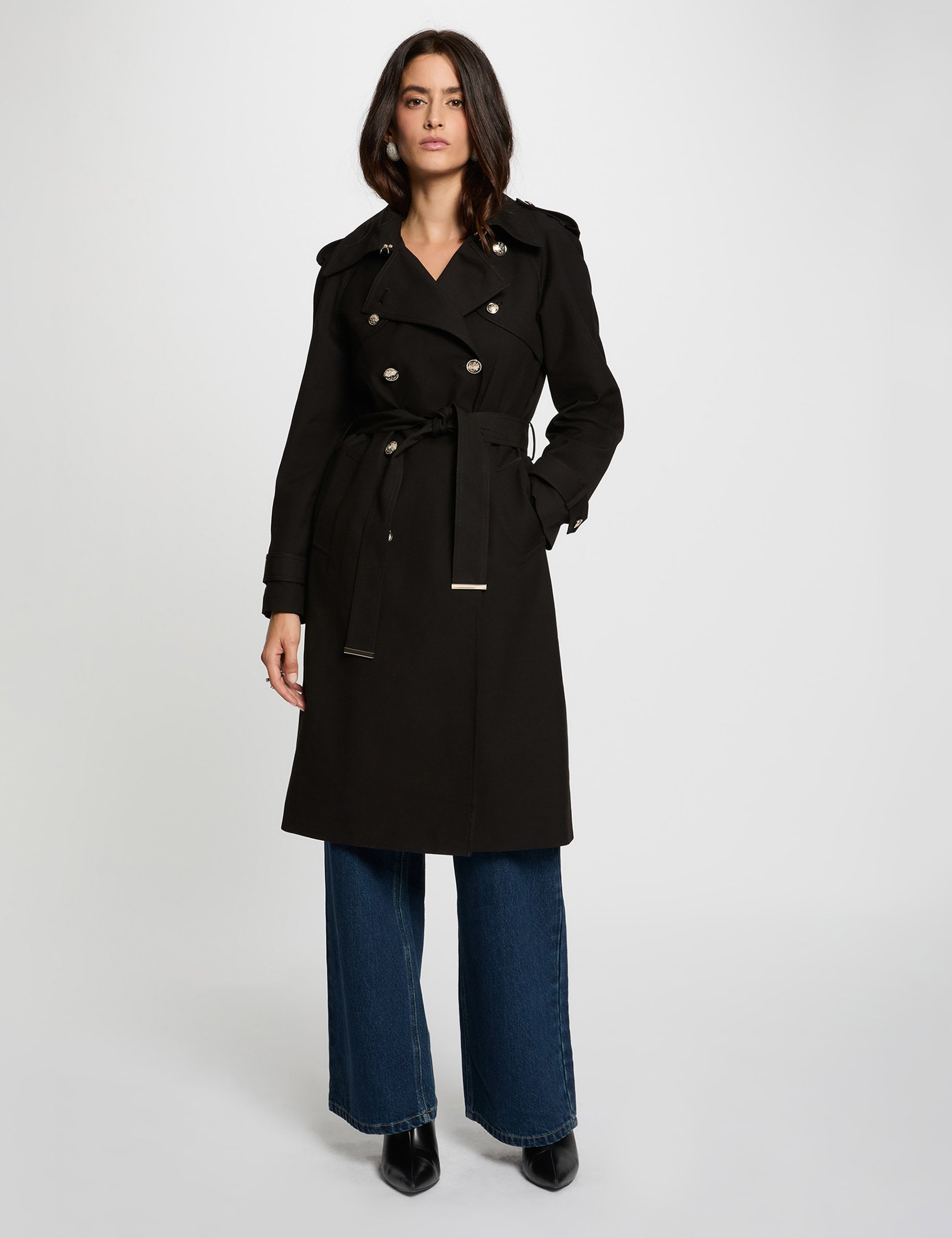 Trench long ceinturé noir femme