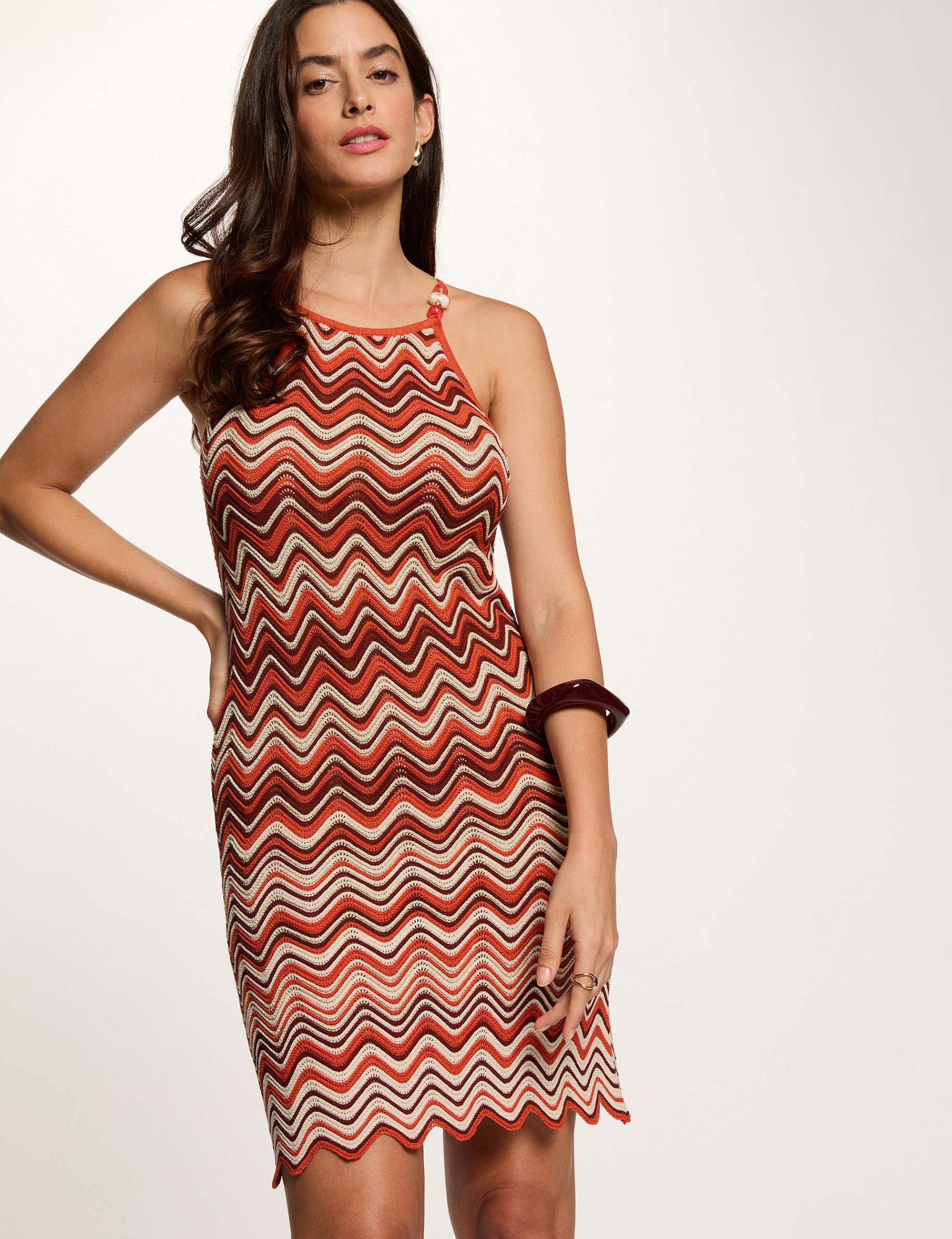 Robe tricot courte chevron marron cognac femme