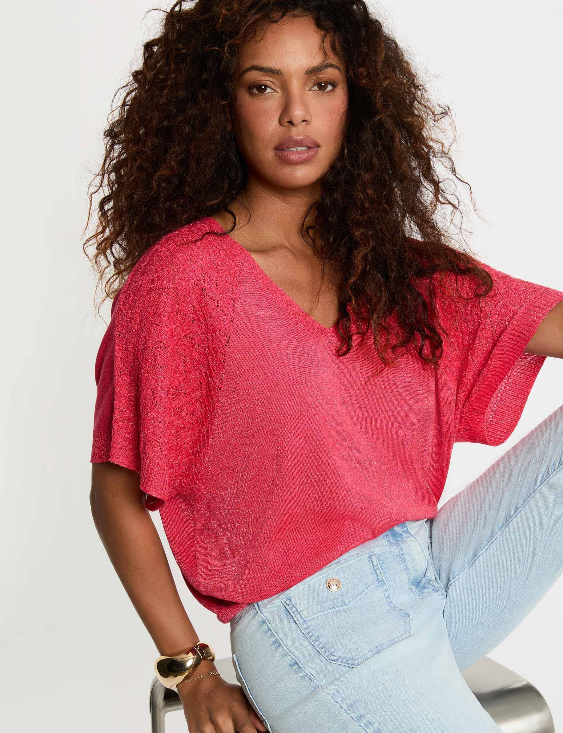 Pull oversize col v rouge corail femme