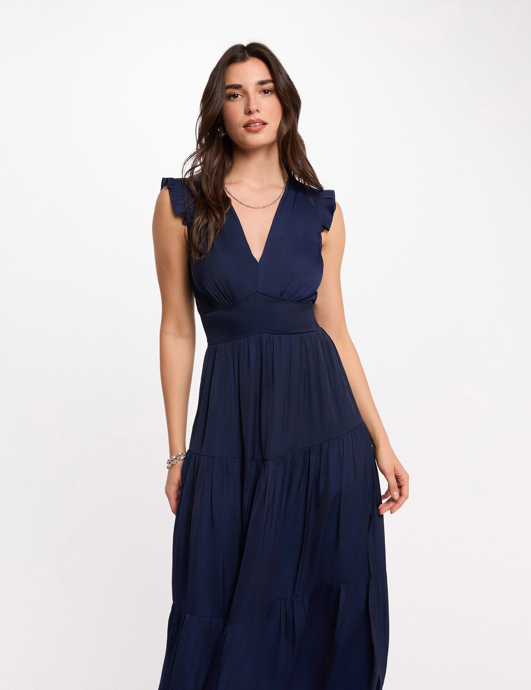 Lange jurk met V-hals marineblauw vrouw