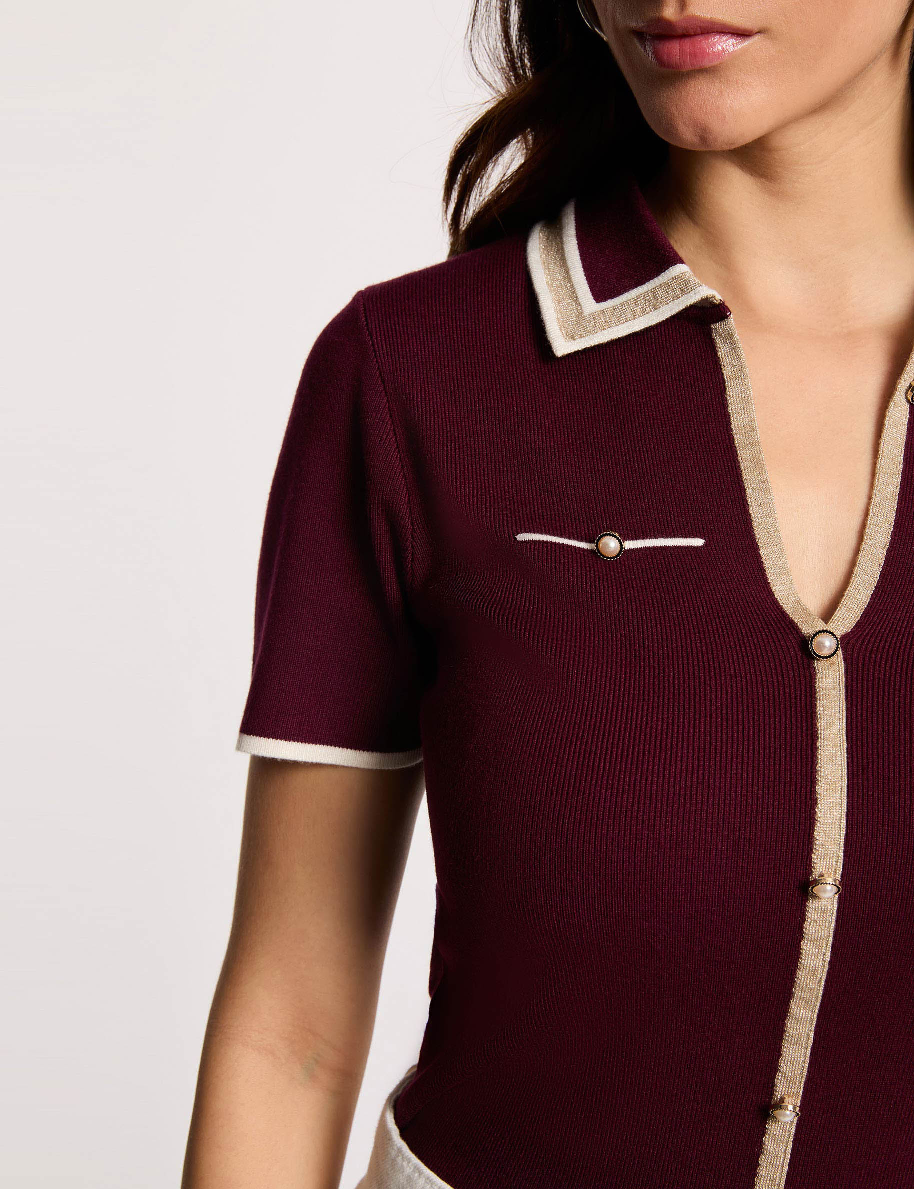 Pull col polo manches courtes prune femme
