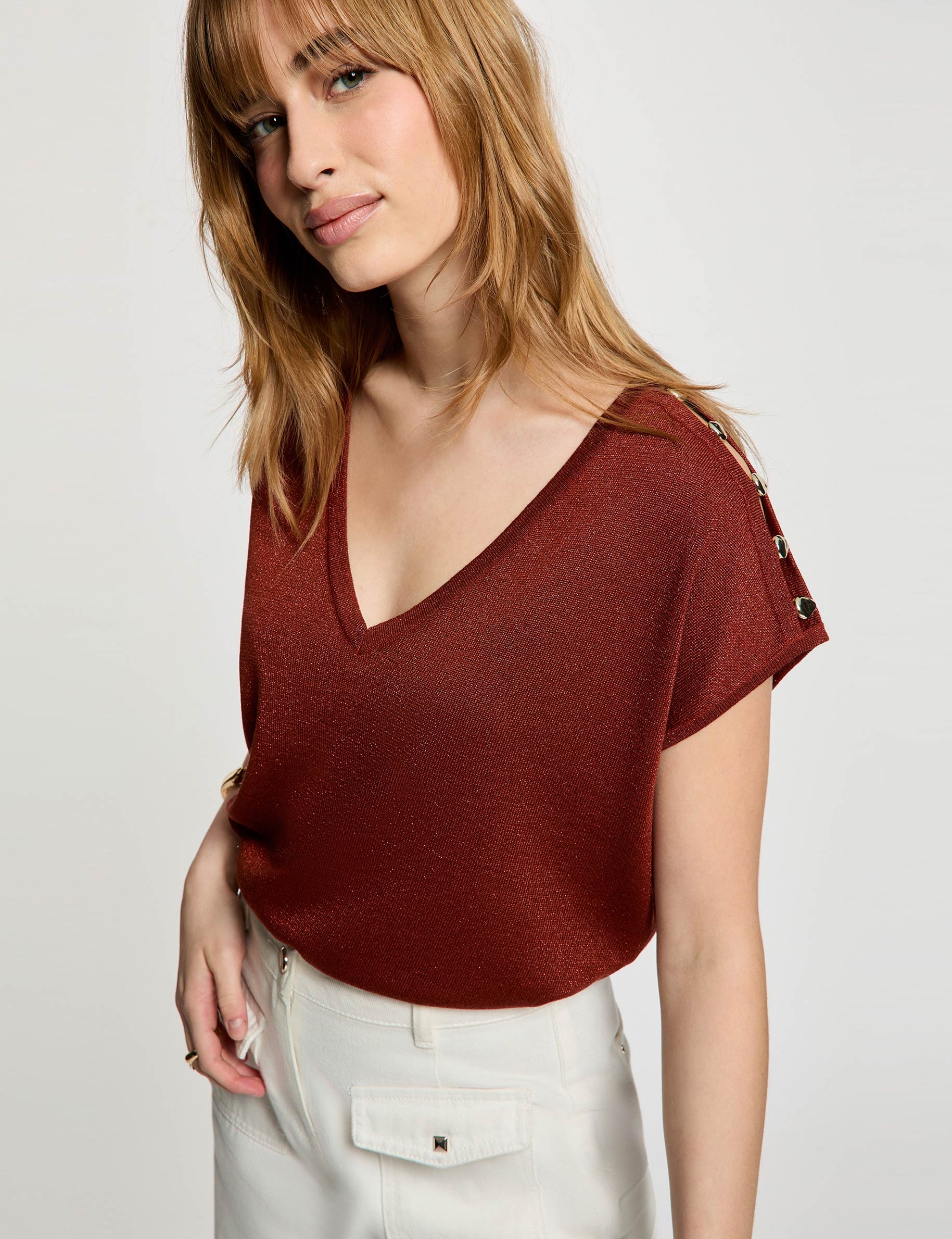 Oversized trui met V-hals cognacbruin vrouw