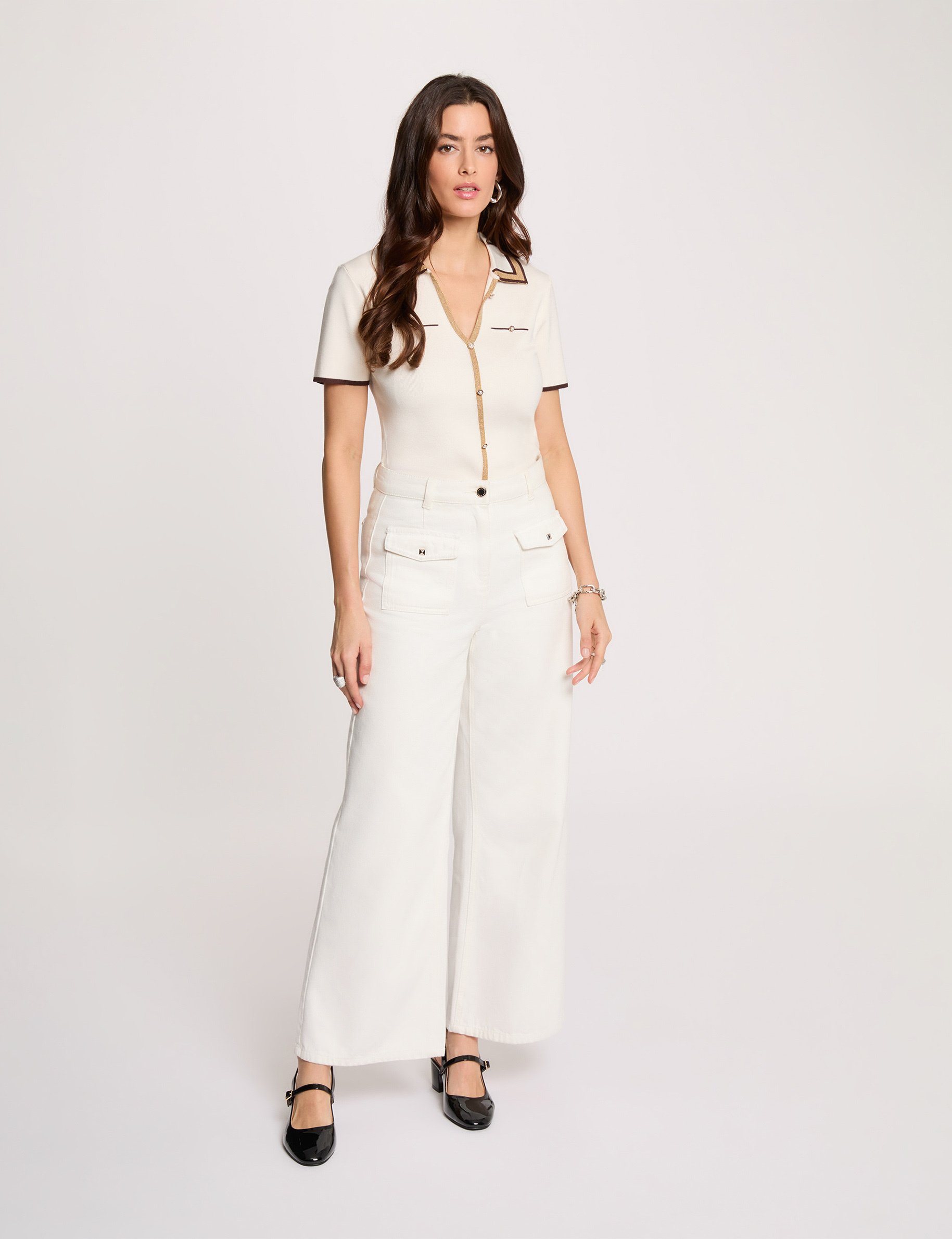 Pull col polo manches courtes ivoire femme