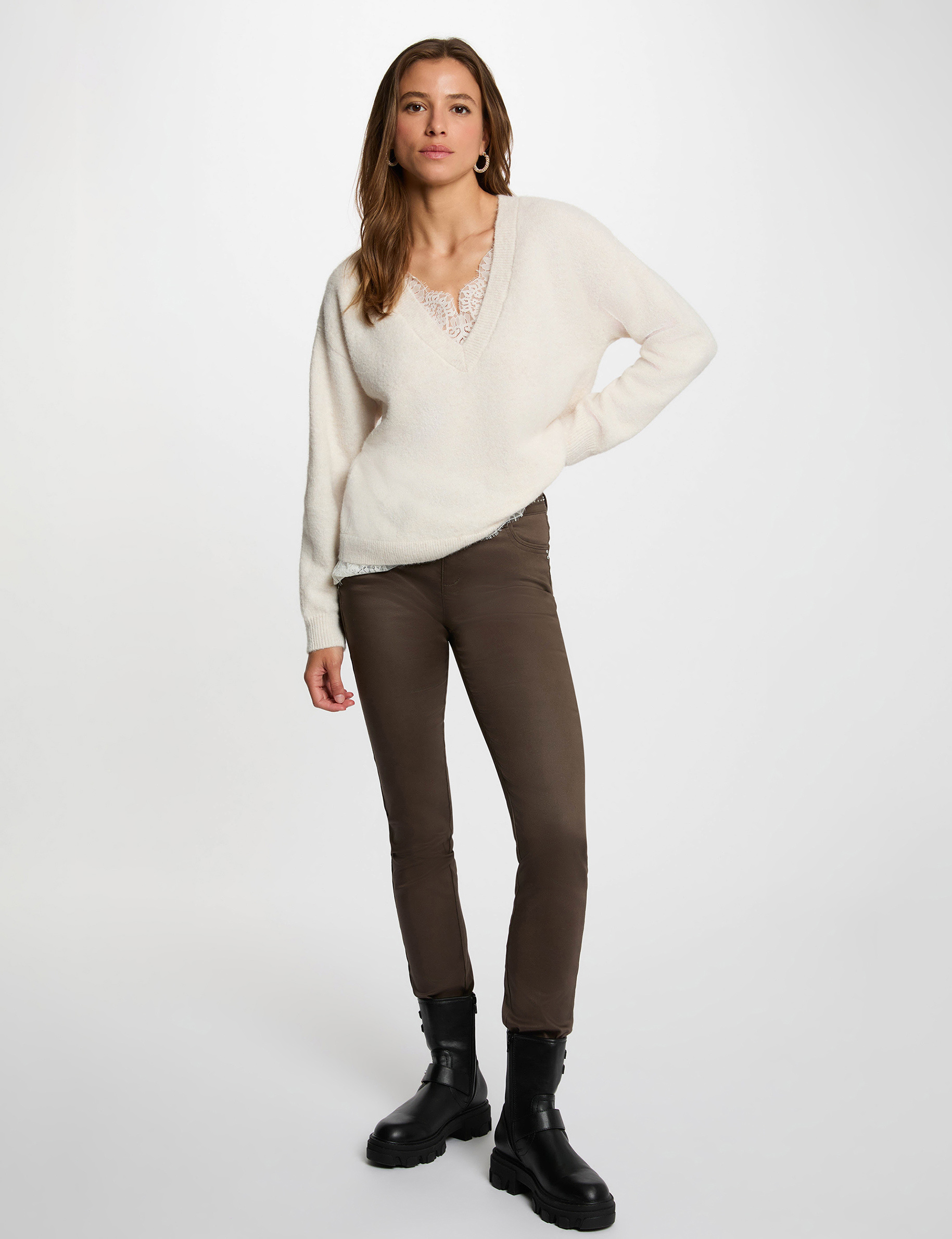 Gecoate slim-fit broek taupe vrouw