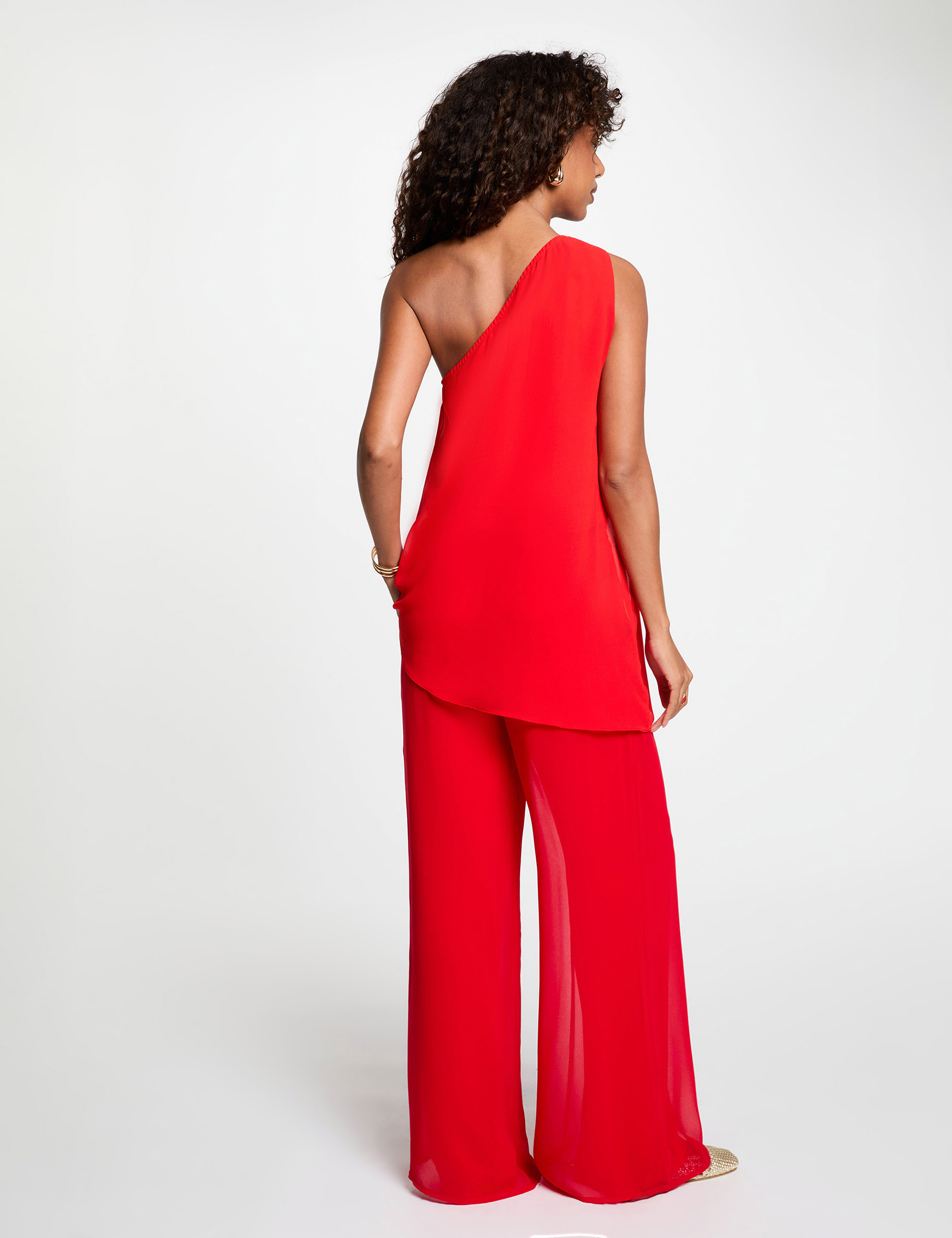 Top voile asym&eacute;trique rouge femme
