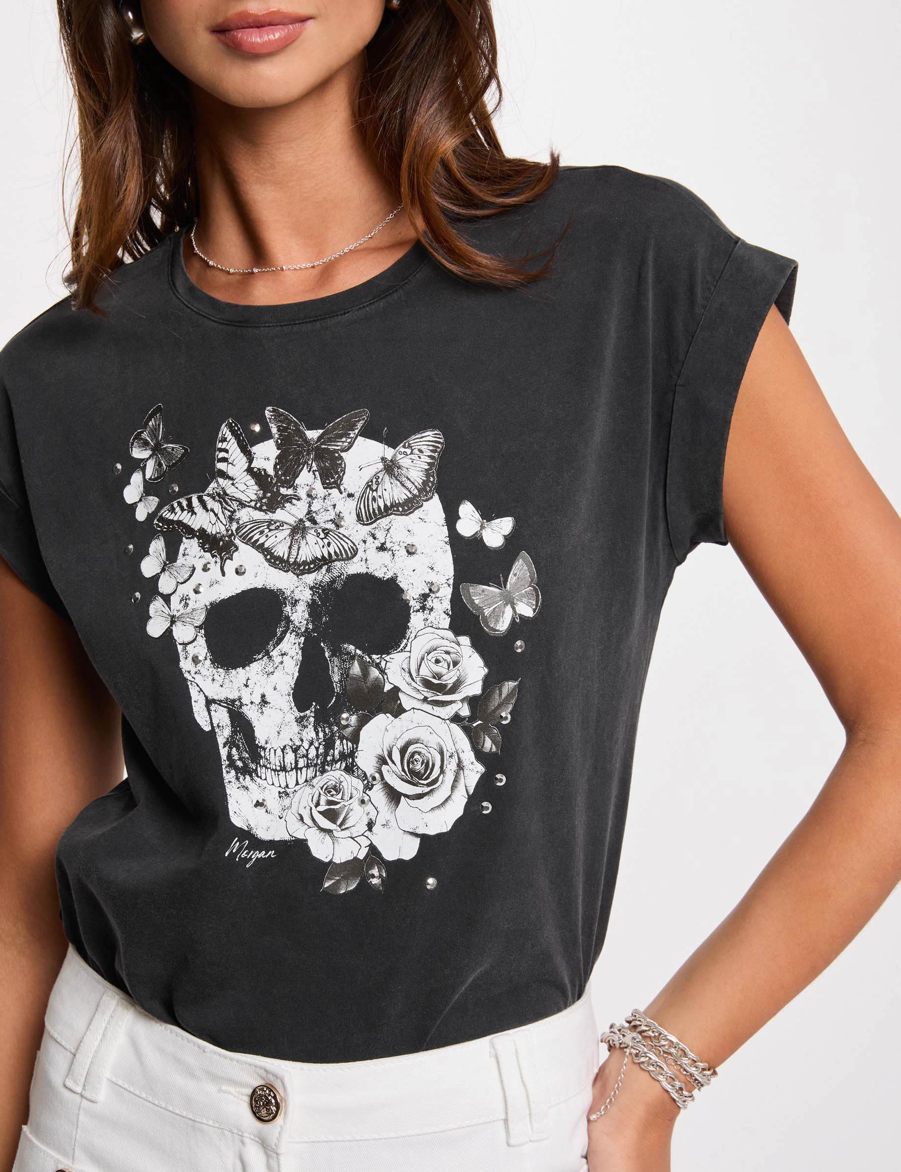 t shirt manches courtes gris fonce femme T-shirt manches courtes gris foncé femme