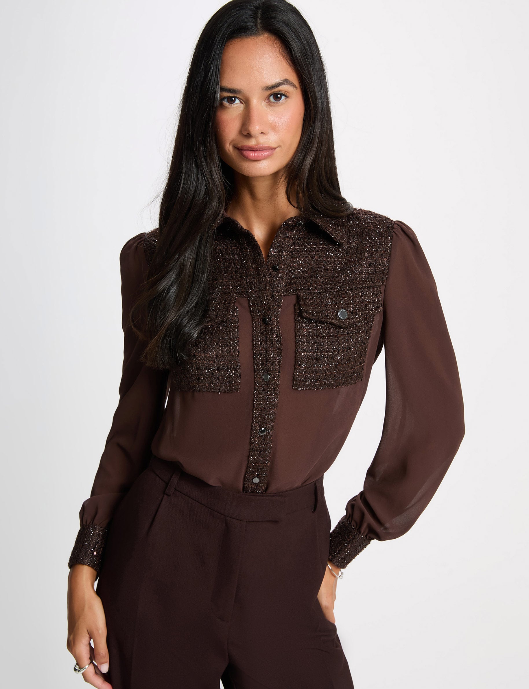 Tweed overhemd met reverskraag donker bruin vrouw