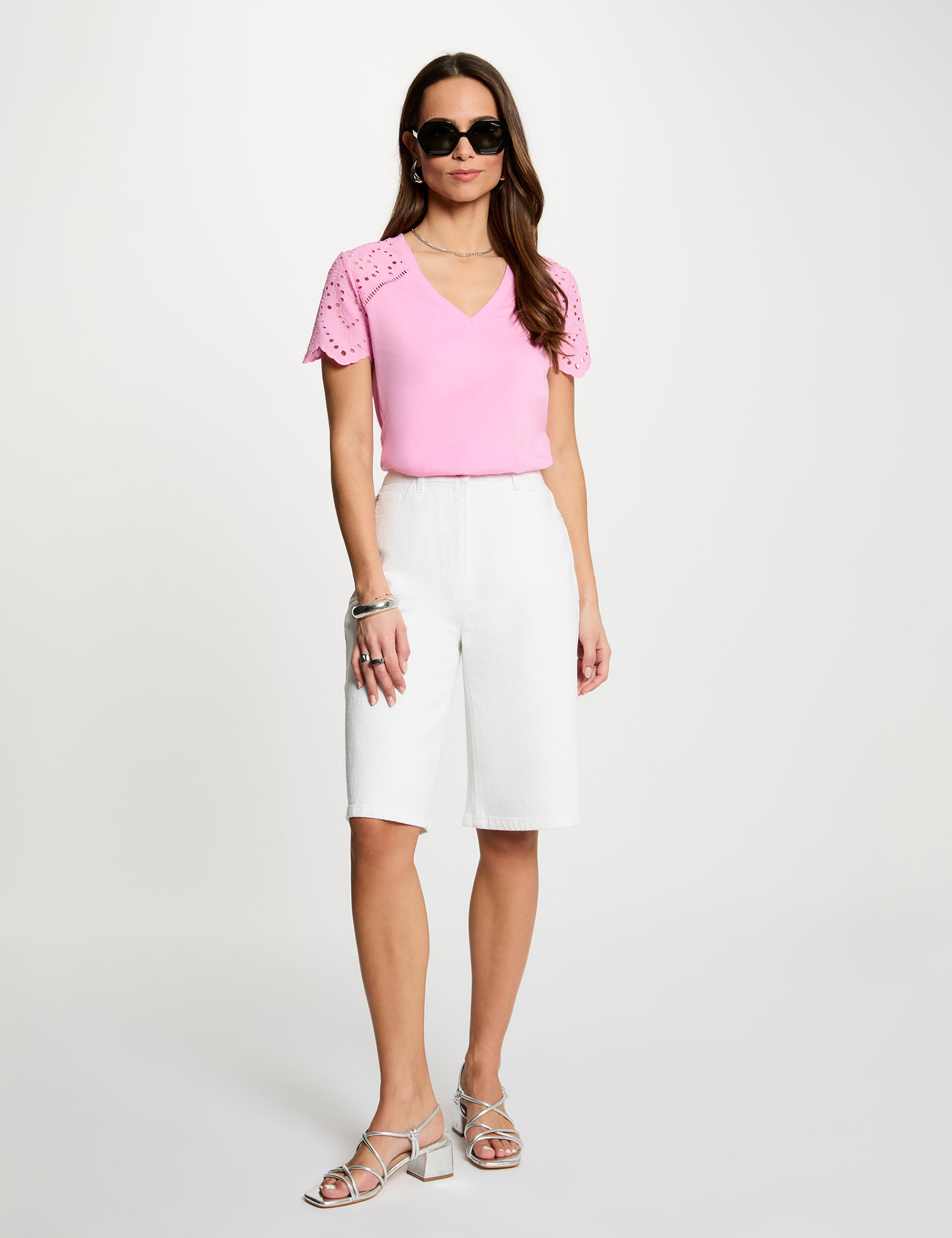 Hoge taille wijde short helder wit vrouw