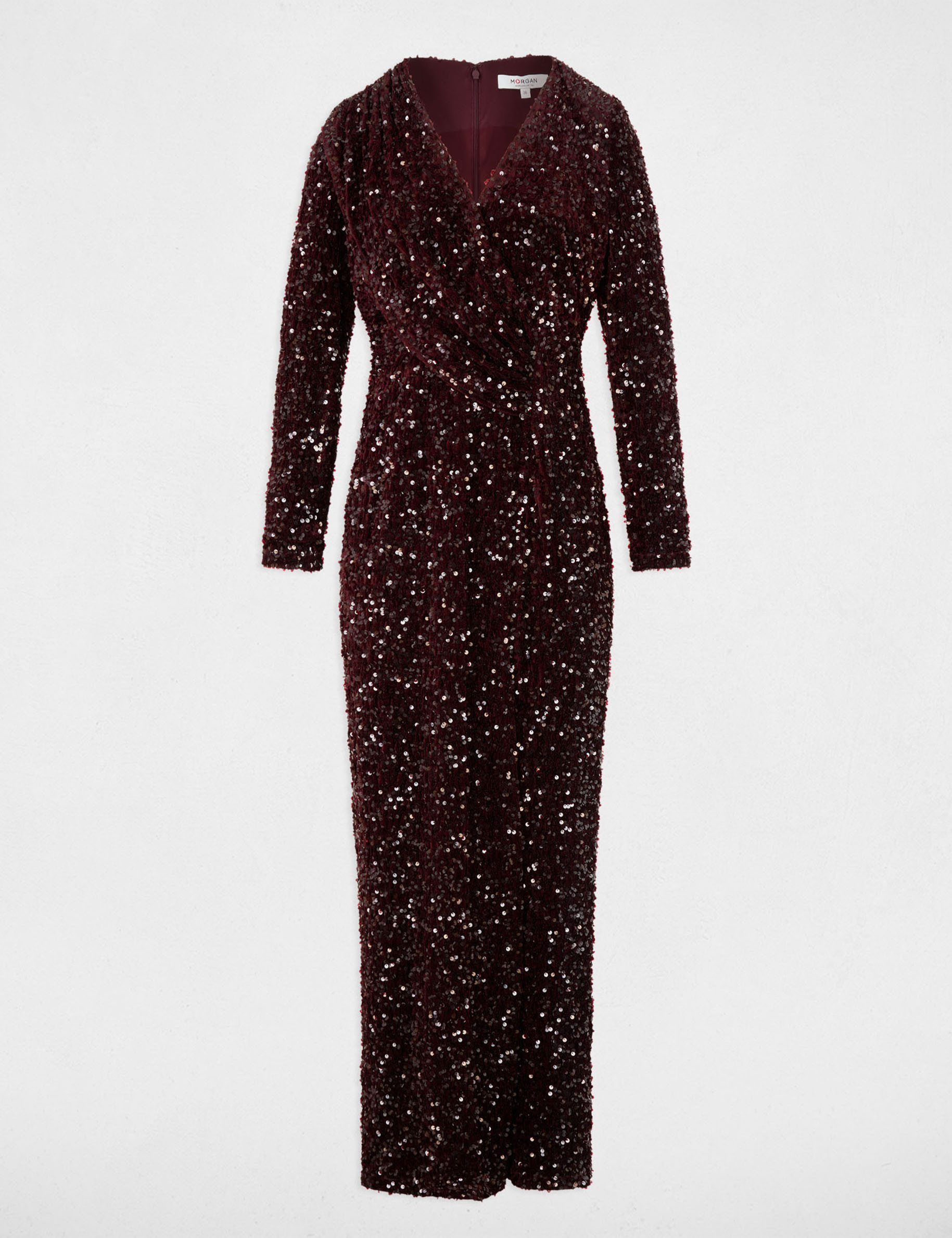 Robe longue ajust&eacute;e sequins prune femme
