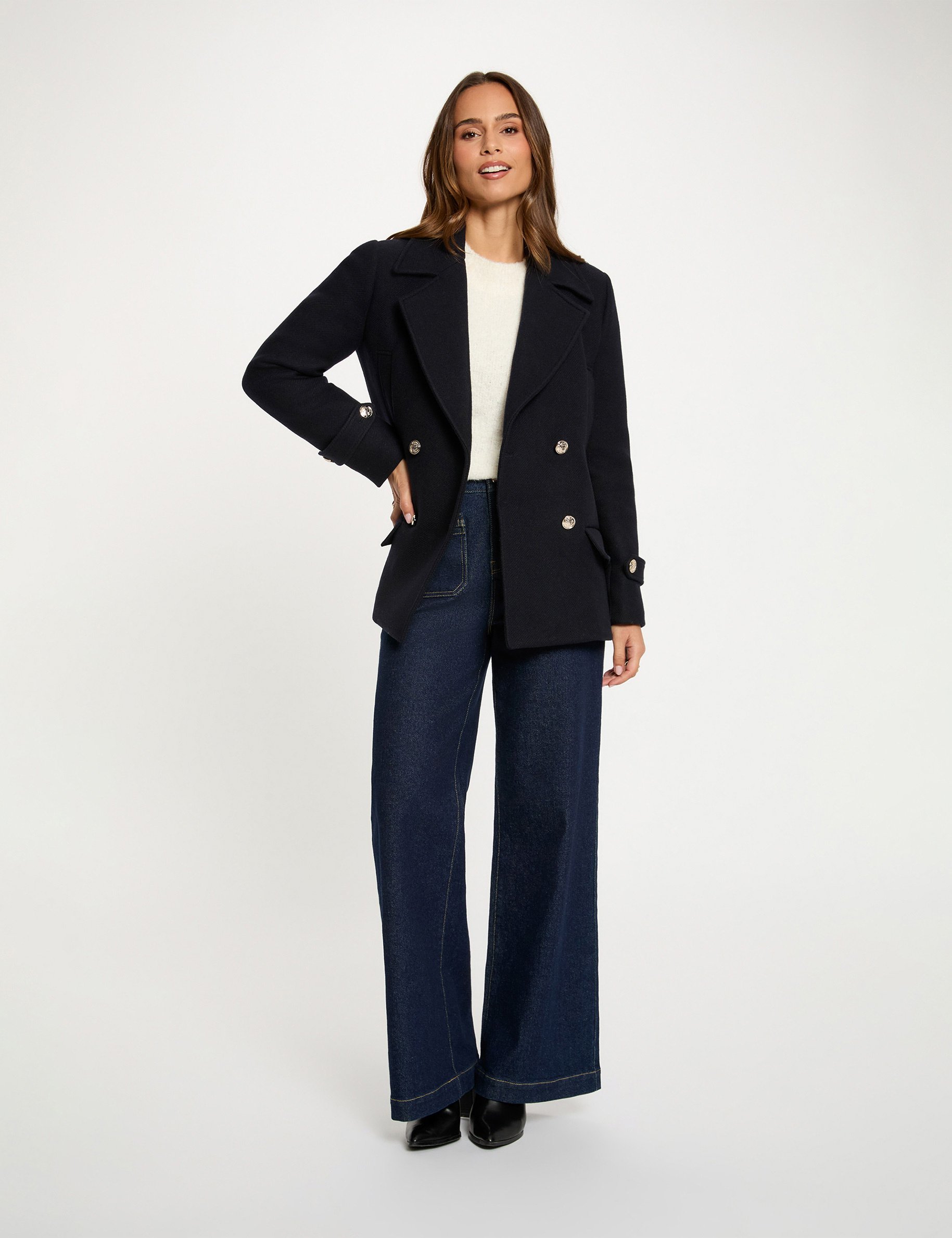 Manteau droit col tailleur bleu marine femme