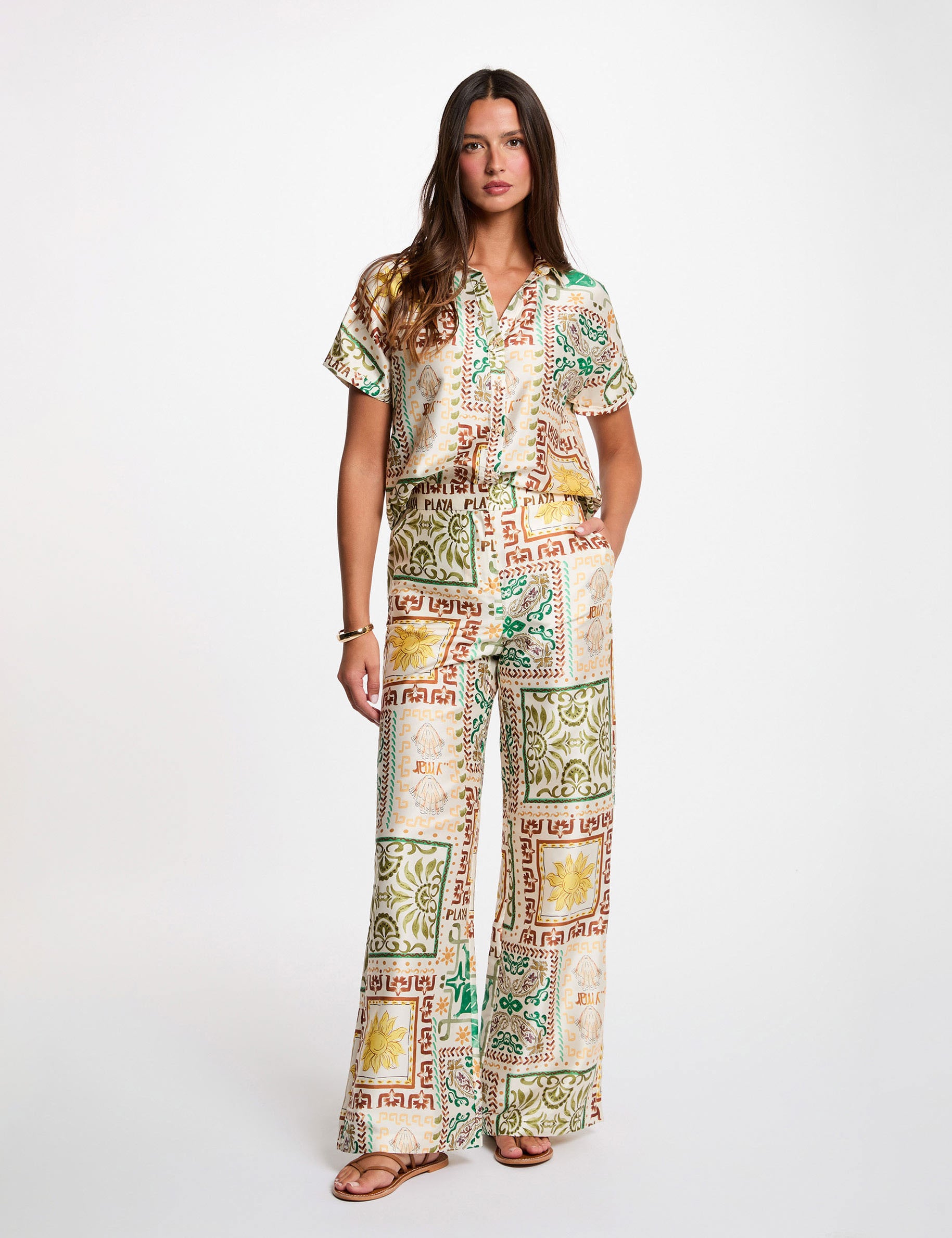 Pantalon large taille haute multicolore femme