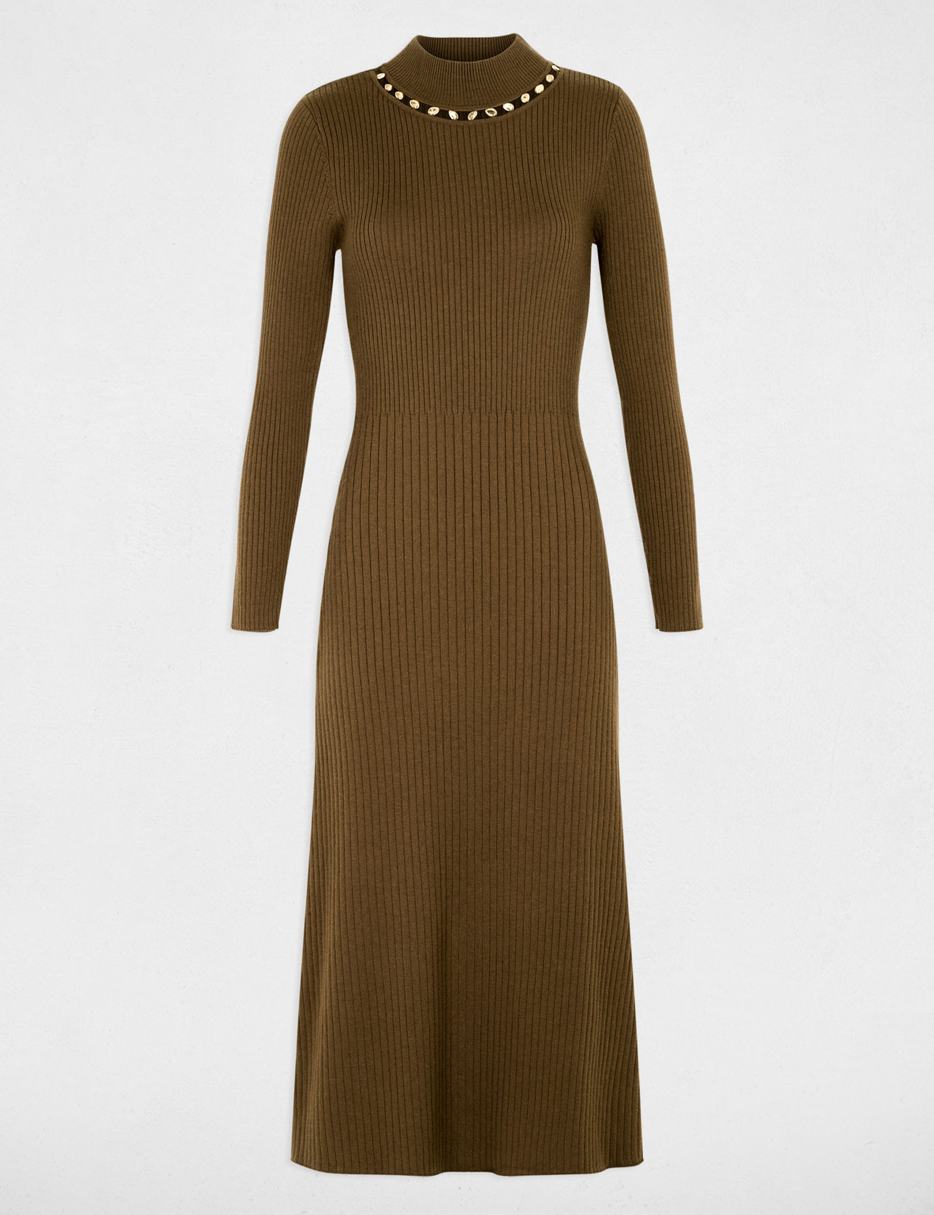 Robe tricot col chemin&eacute;e vert kaki femme