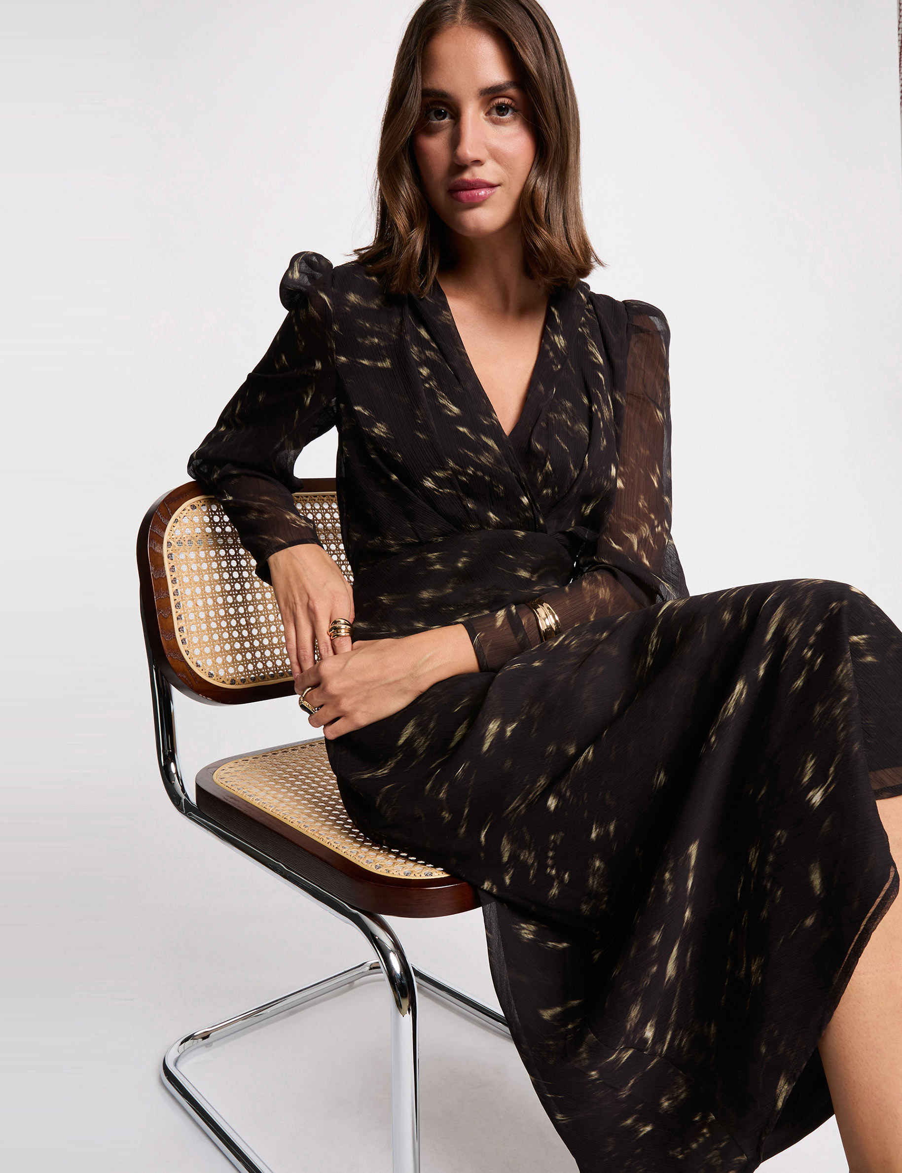 Lange jurk met pofmouwen meerkleurig vrouw