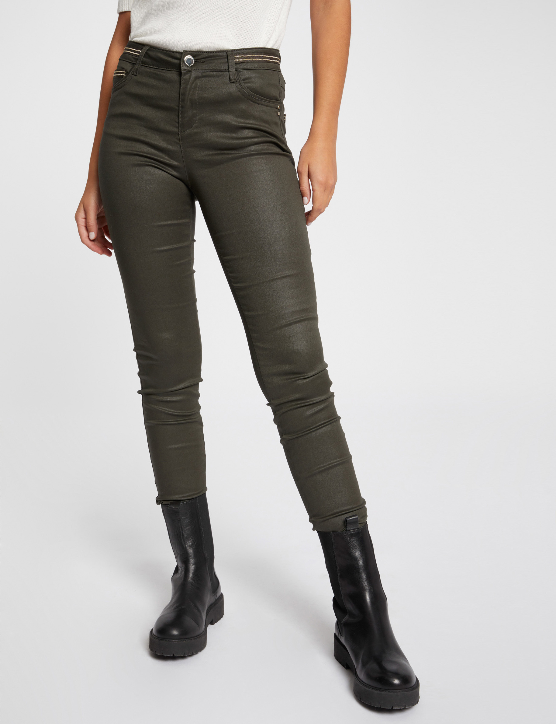 gecoate slimfit broek donker groen vrouw Gecoate slimfit broek donker groen vrouw