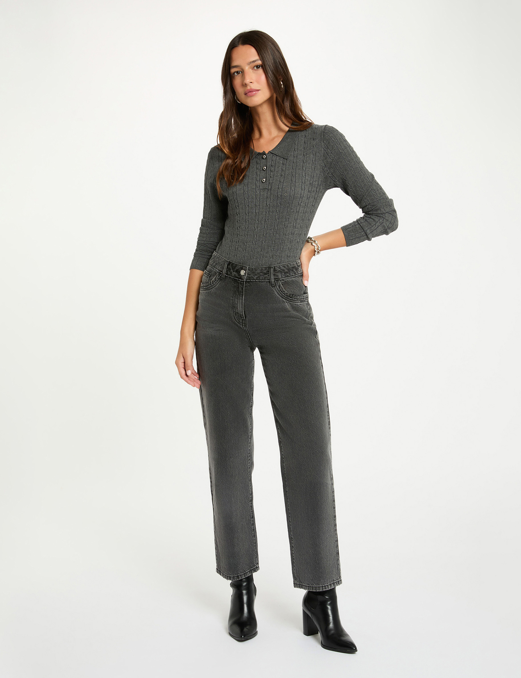 Pull ajusté col polo gris foncé femme