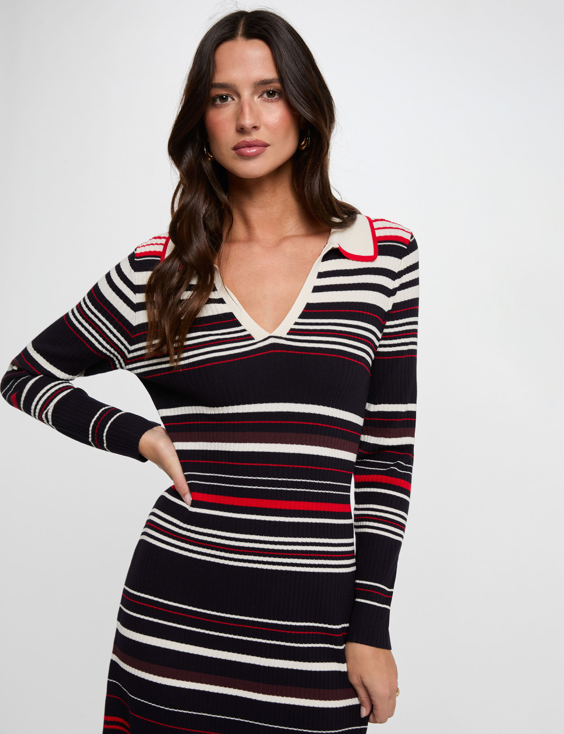 Robe tricot ray&eacute;e manches longues bleu marine femme