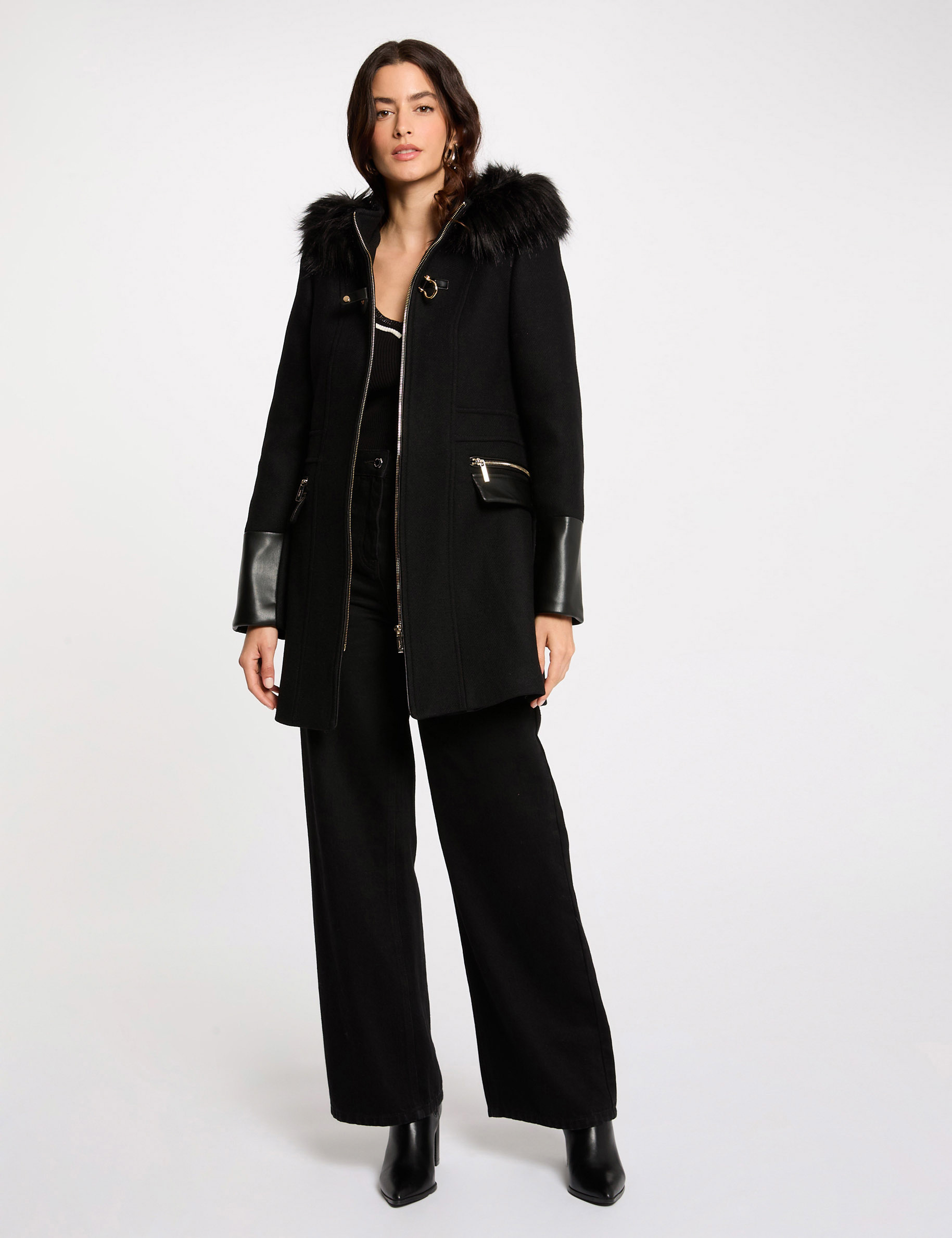 Manteau droit zippé à capuche noir femme