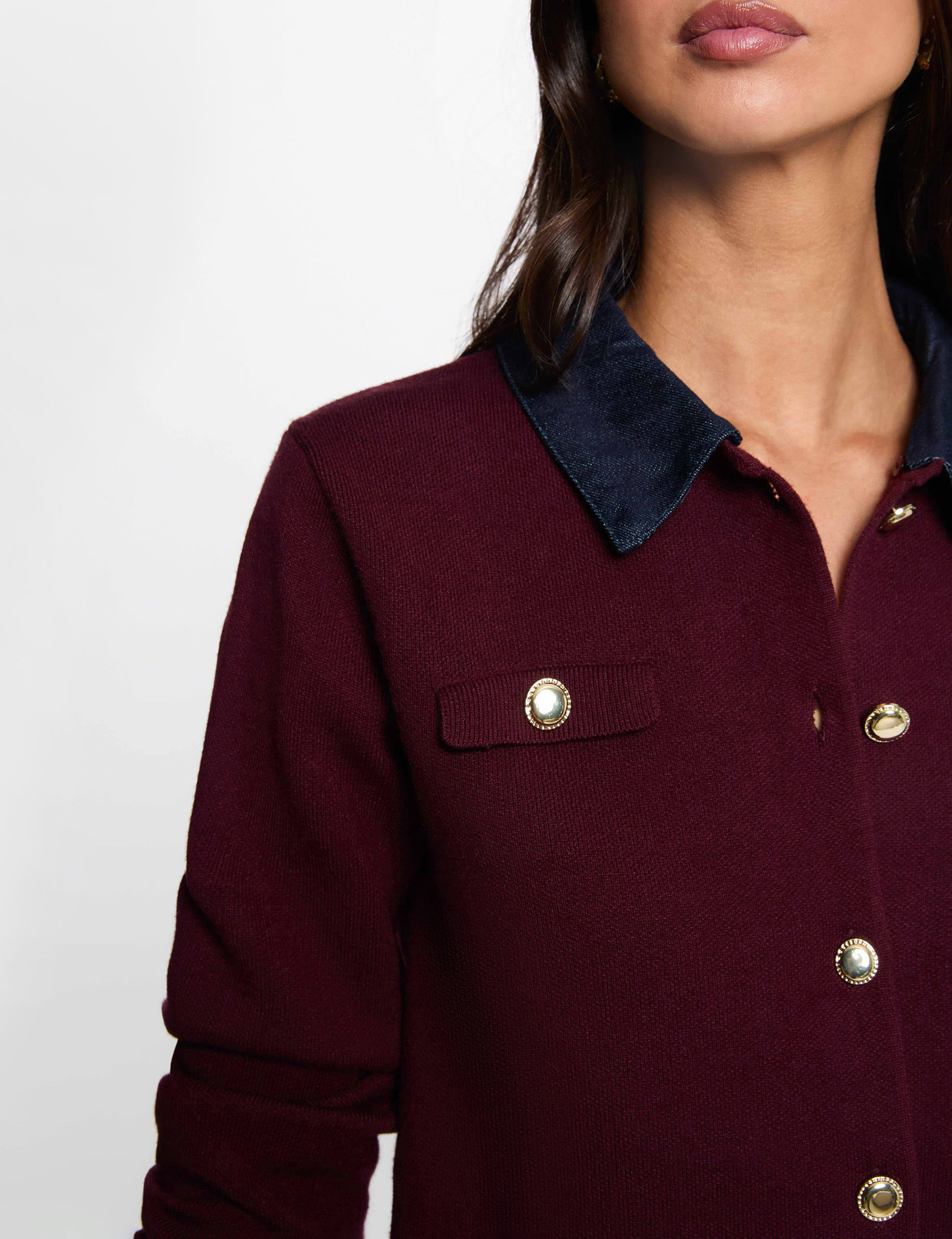 Gilet court col &agrave; revers prune femme