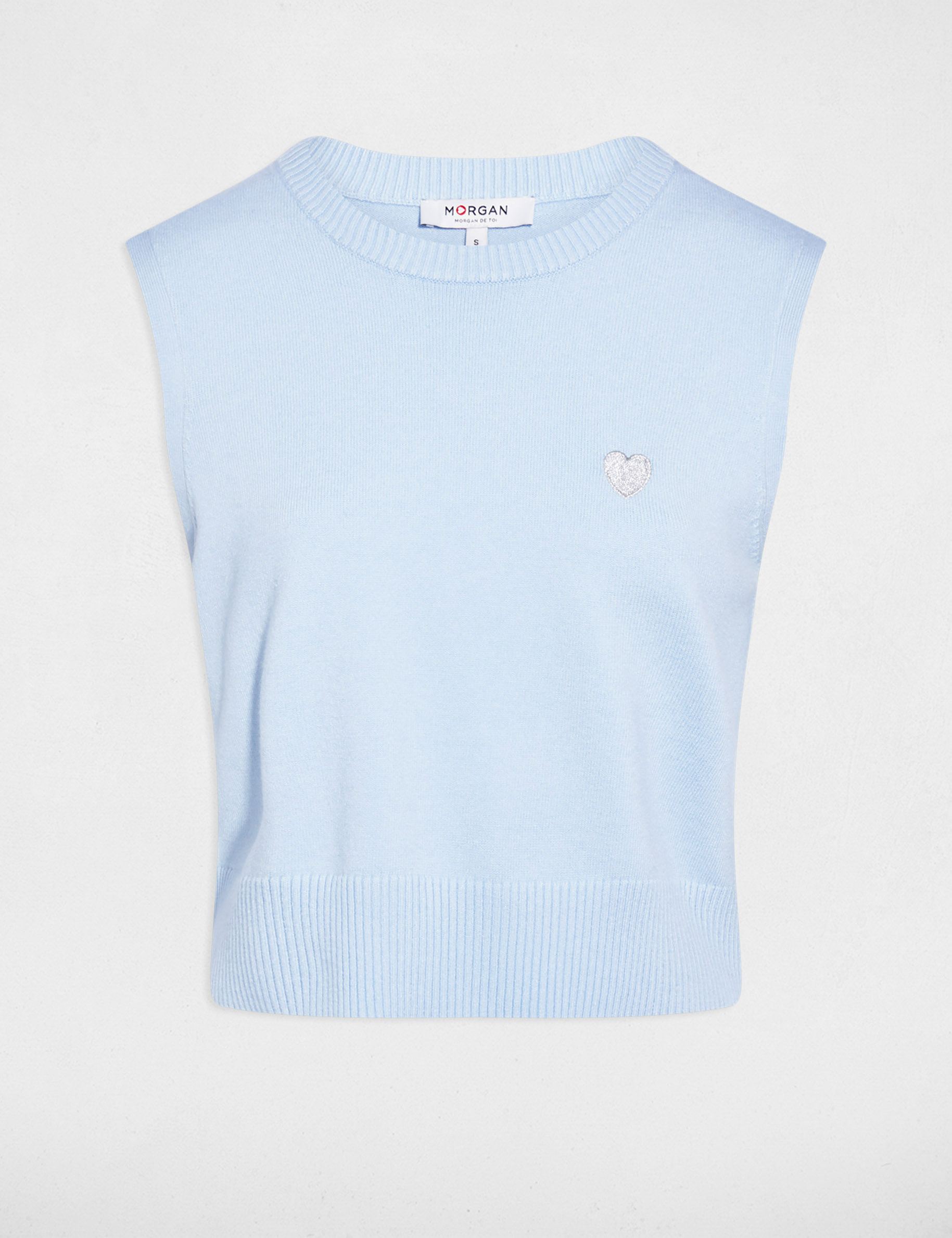 Mouwloze geborduurde trui hemelsblauw vrouw