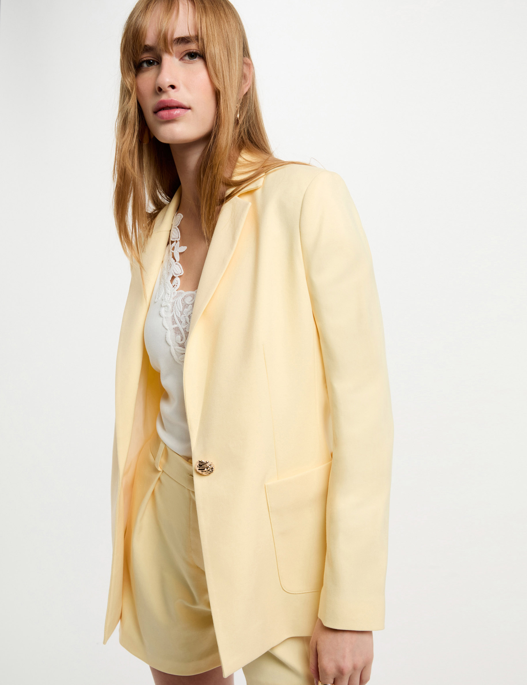 blazer poches plaquees jaune pastel femme Blazer poches plaquées jaune pastel femme