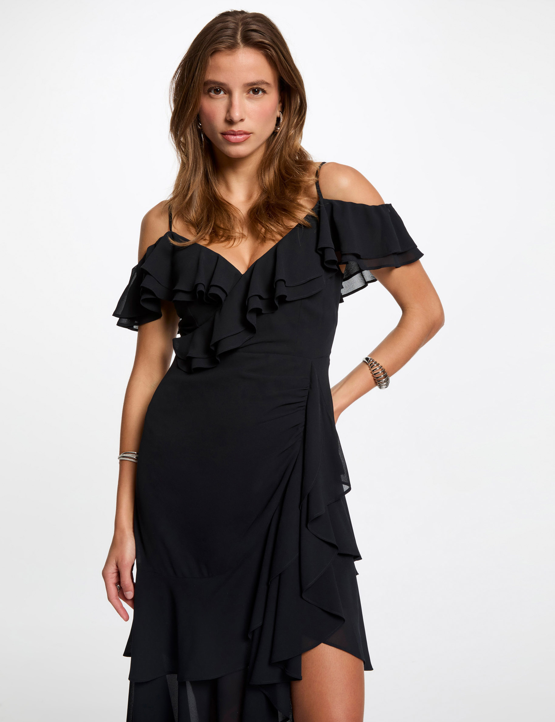 Rechte midi-jurk met ruches marineblauw vrouw