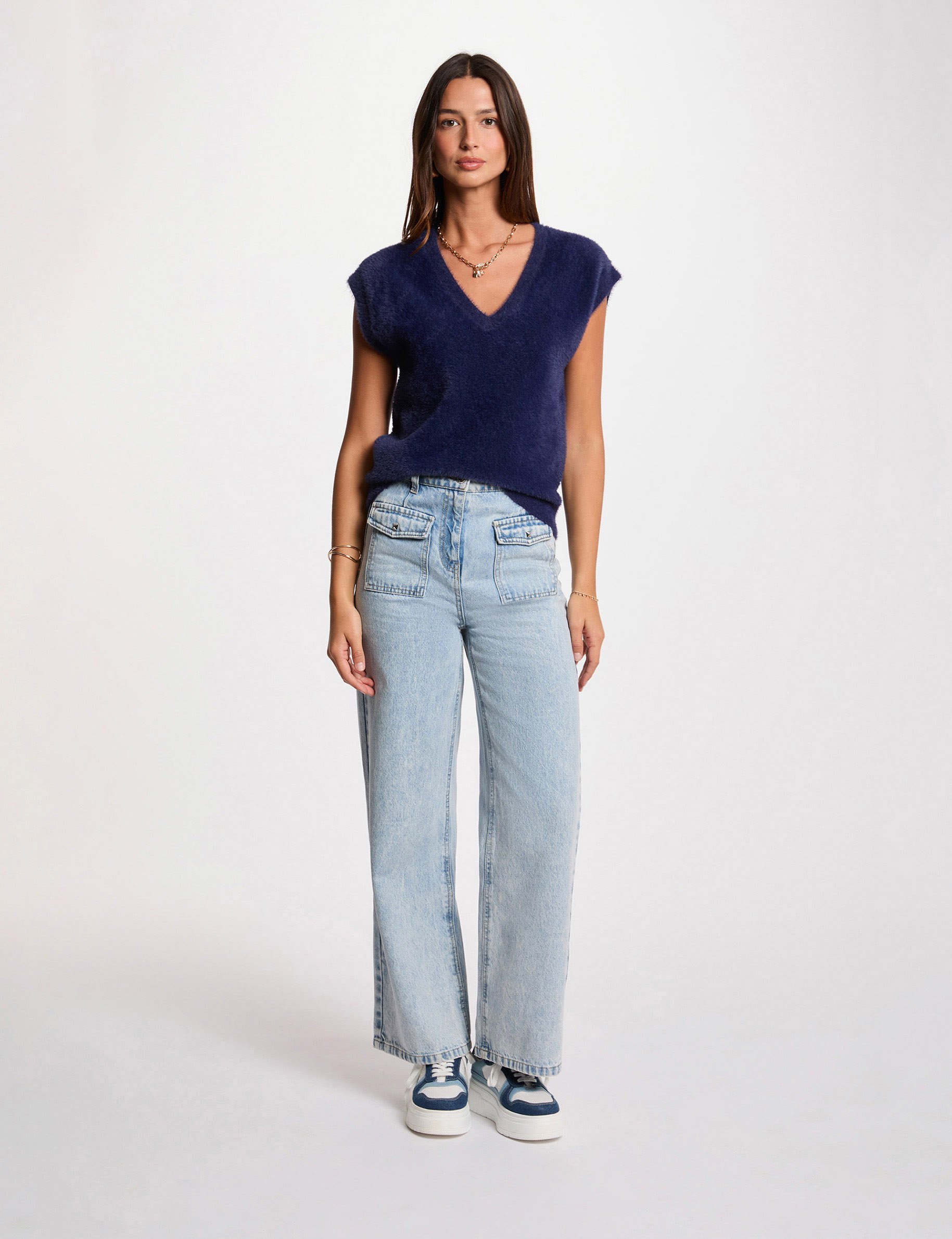 Pull sans manches bleu marine femme