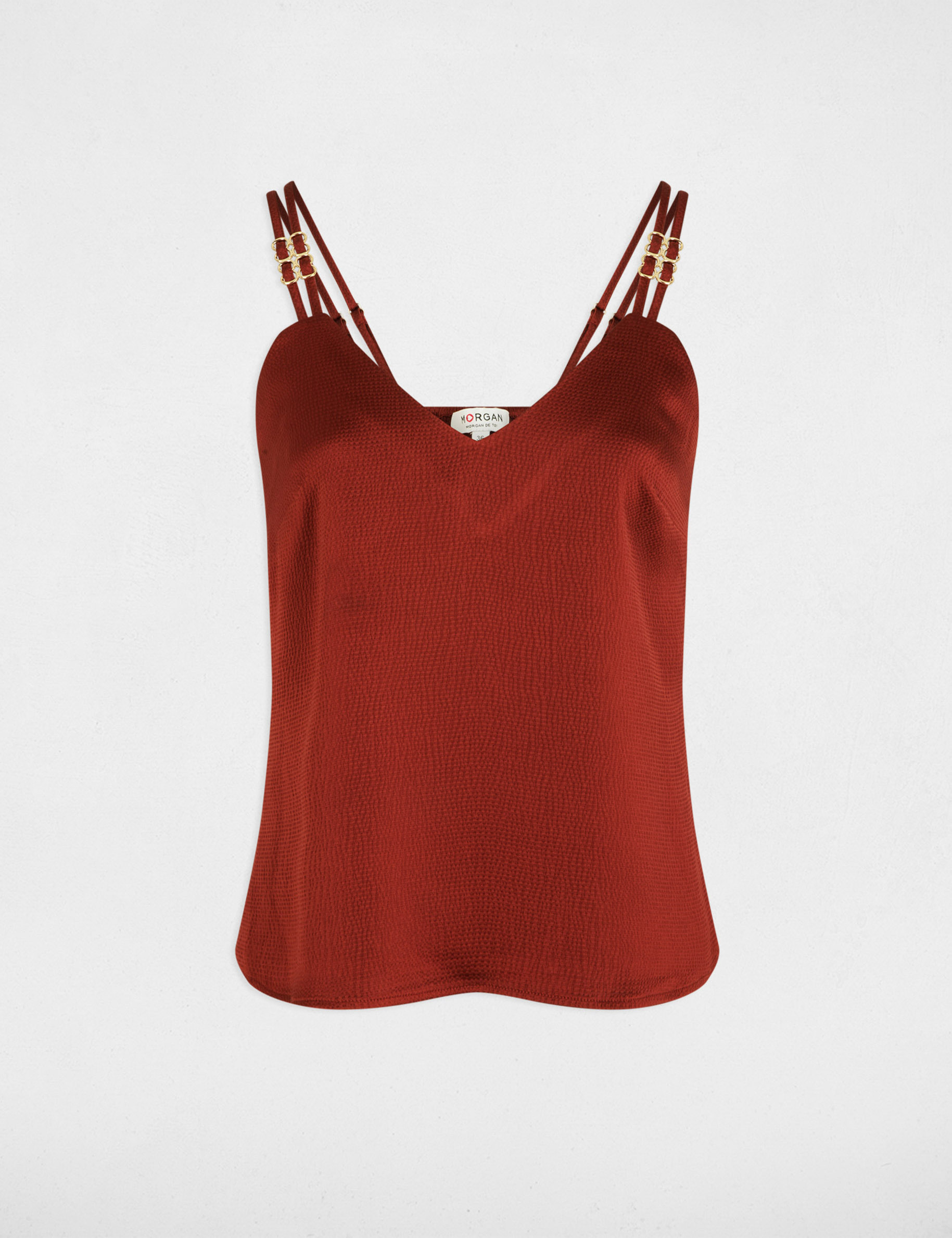 Satijnen top met bandjes cognacbruin vrouw