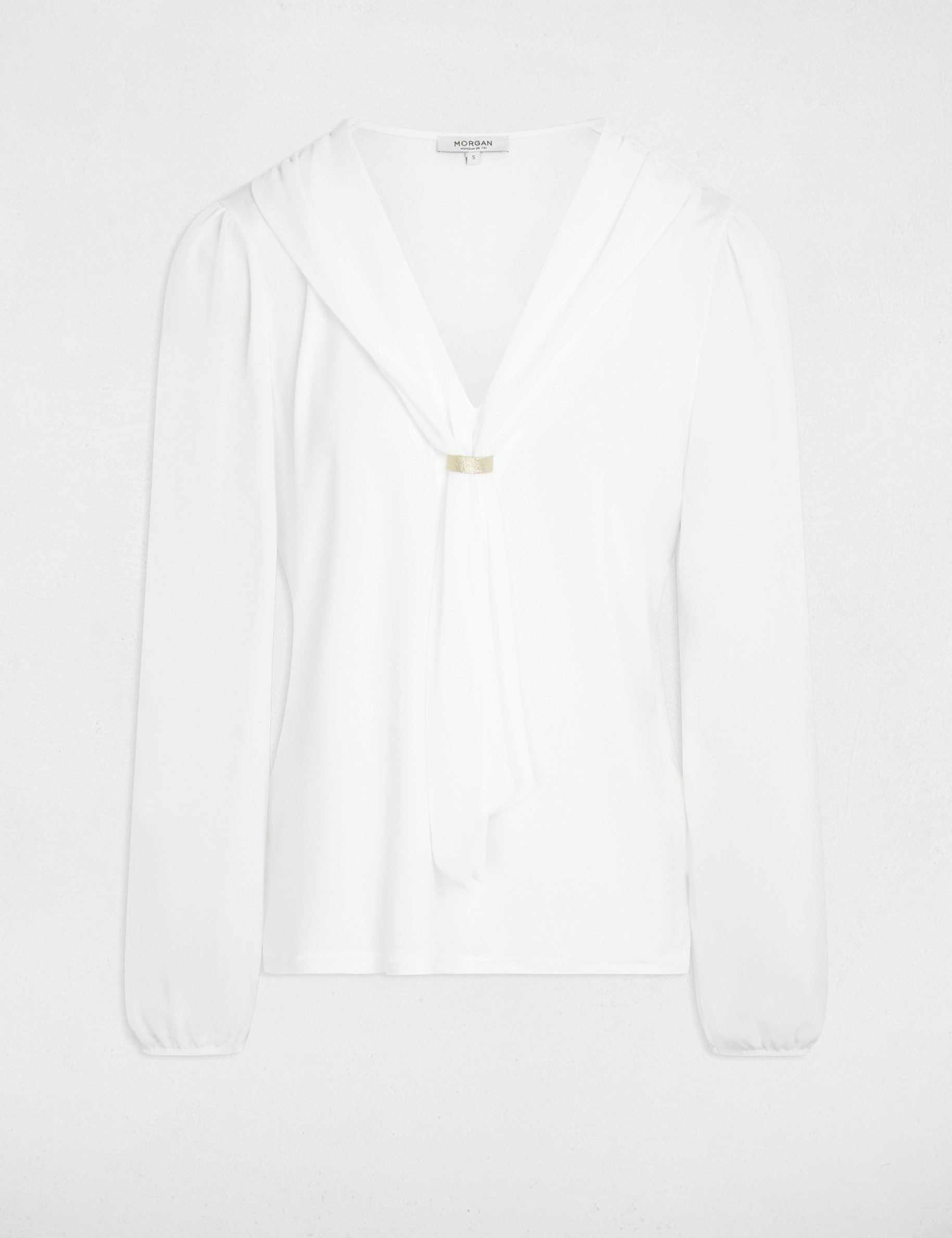 T-shirt voile col lavalli&egrave;re blanc femme