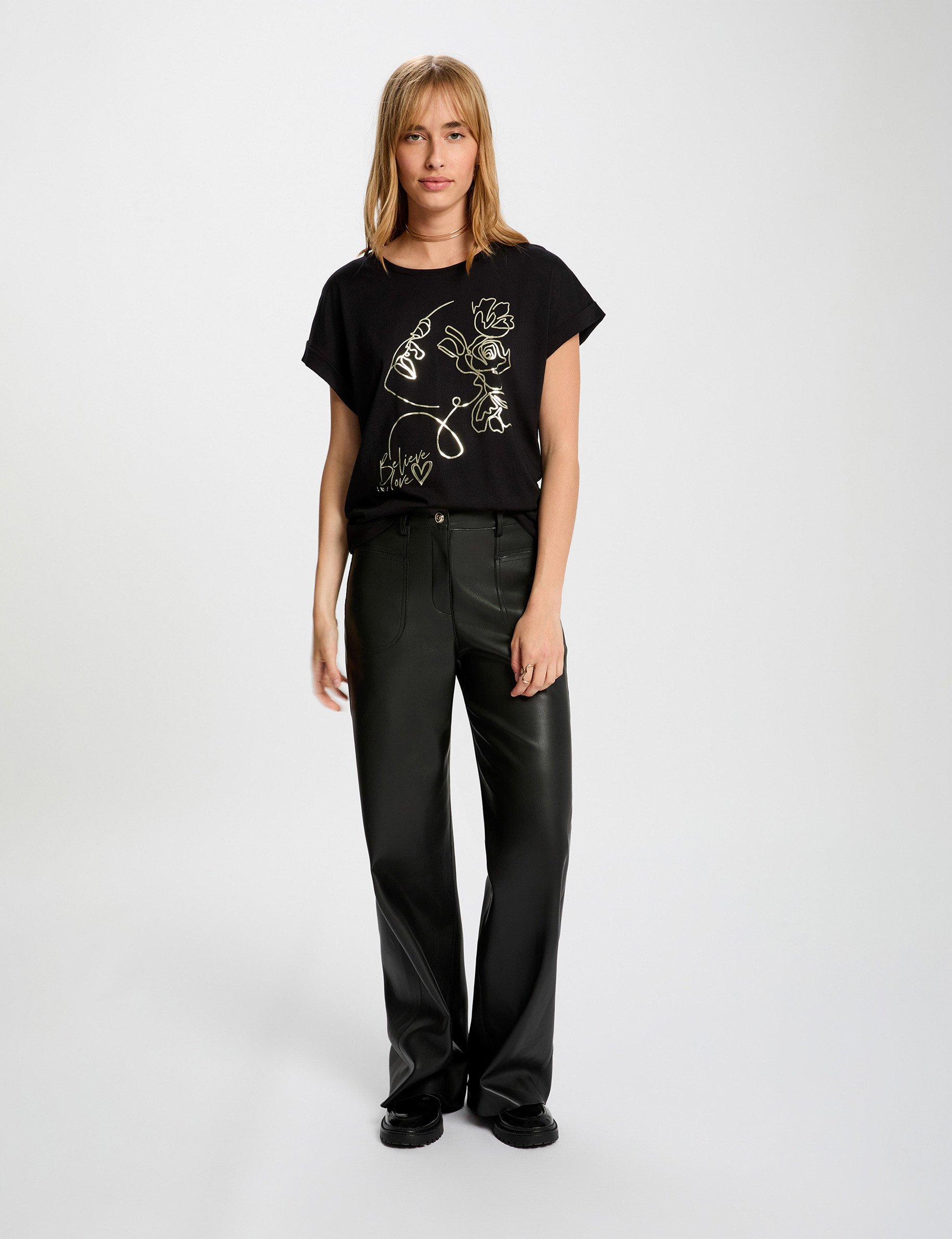 T-shirt droit col rond noir femme