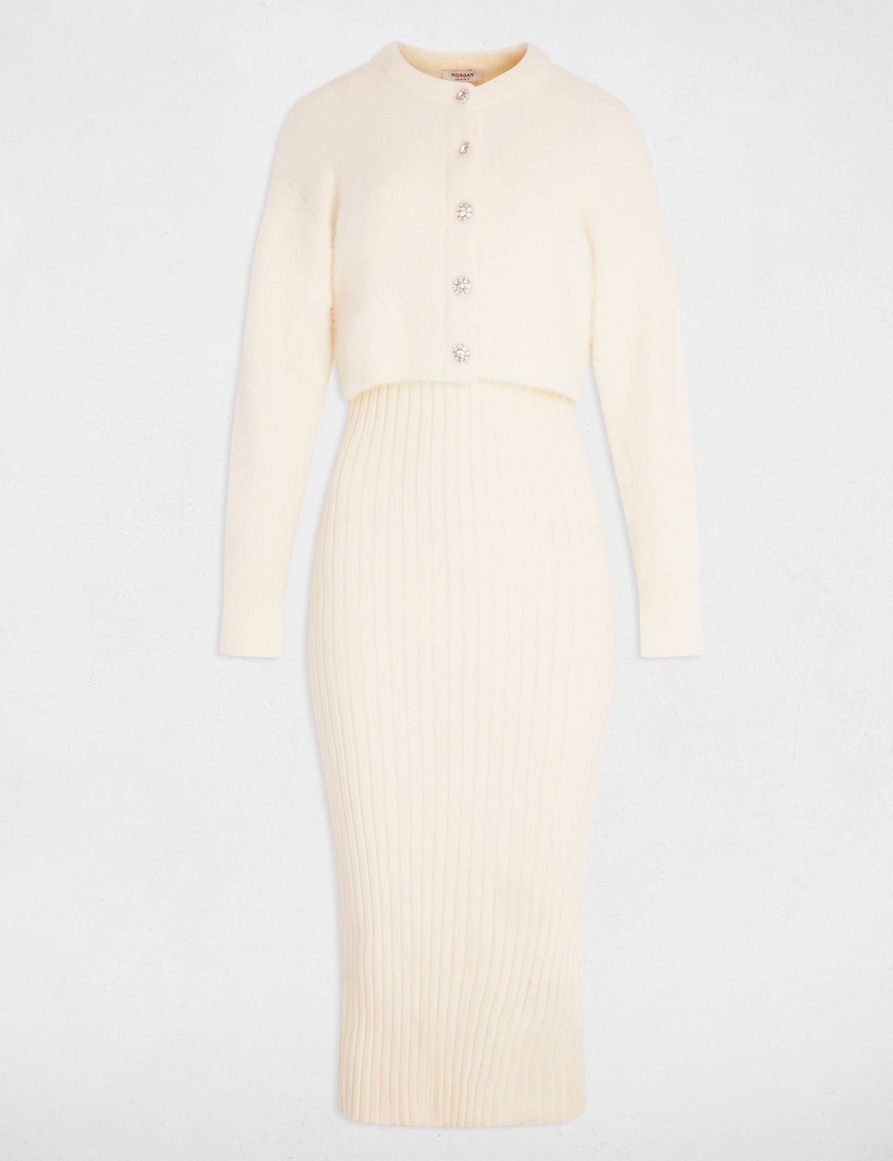 Robe tricot cintr&eacute;e ivoire femme